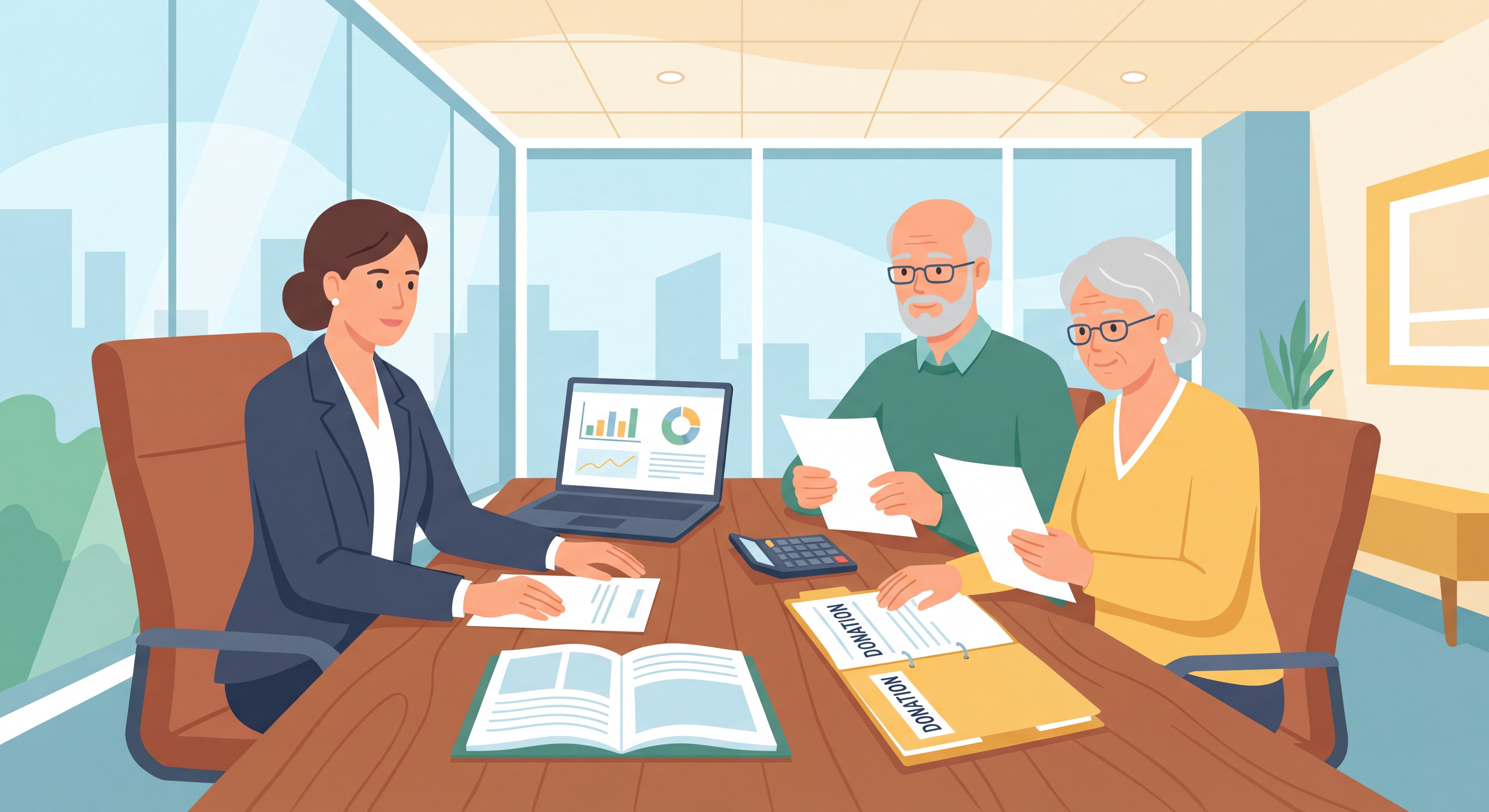 Conseiller patrimonial accompagnant un couple senior dans la planification d'une donation avec documents et calculatrice