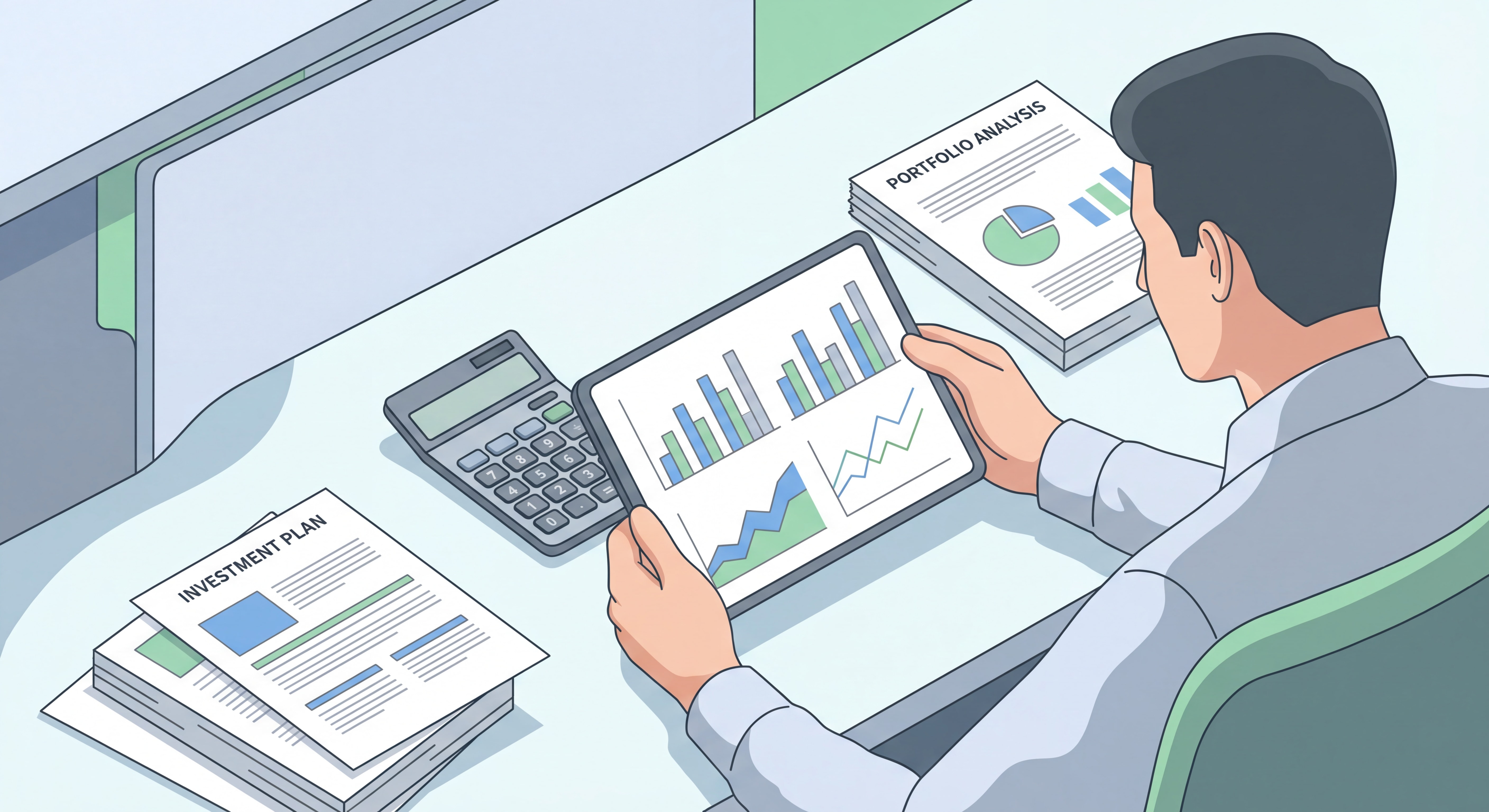 Investisseur consultant des graphiques financiers sur tablette avec calculatrice et documents de placement