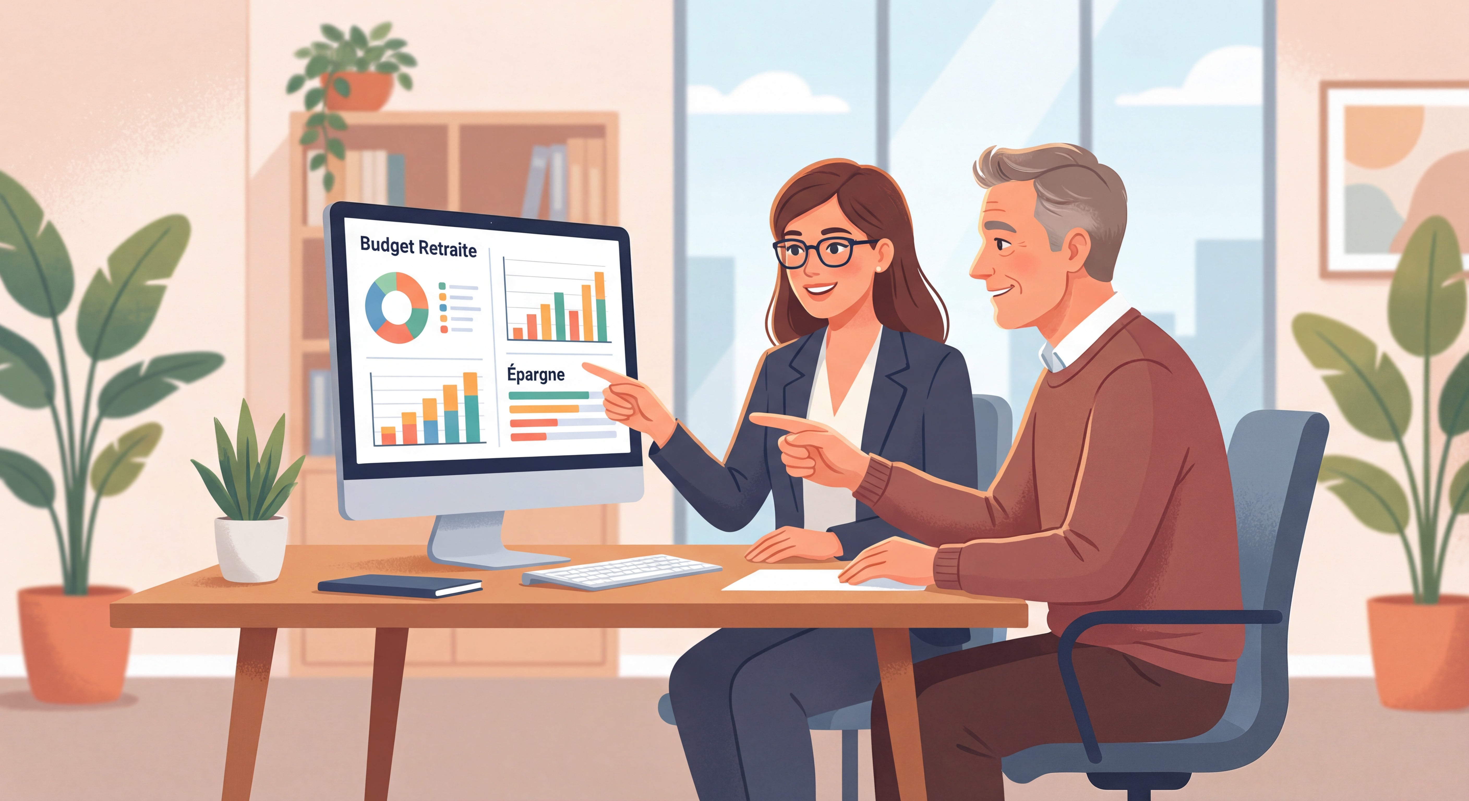 Conseillère financière analysant un budget retraite avec un client sur un ordinateur