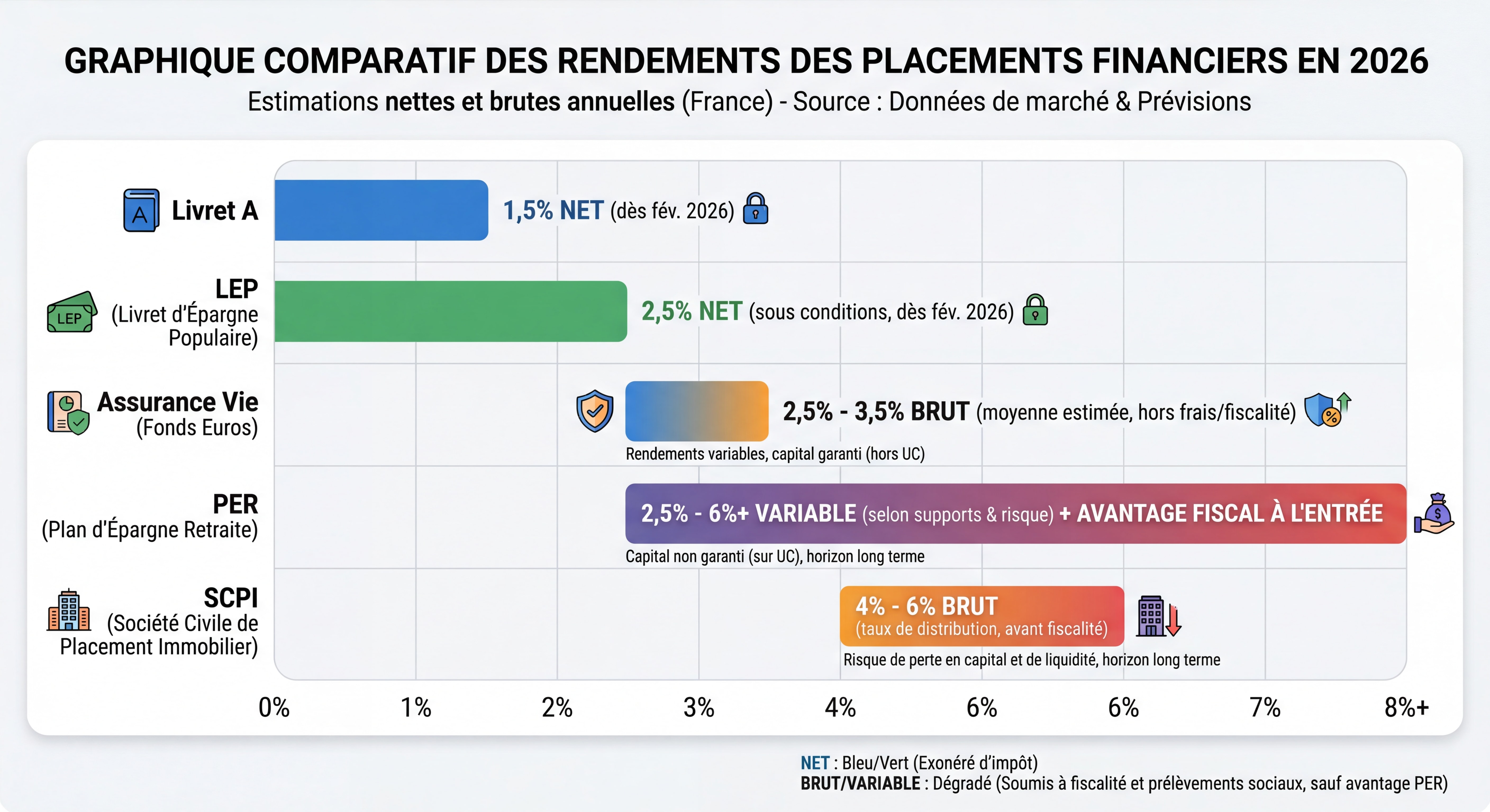 Graphique comparatif des rendements des différents placements financiers en 2026 : Livret A, LEP, assurance vie, PER, SCPI