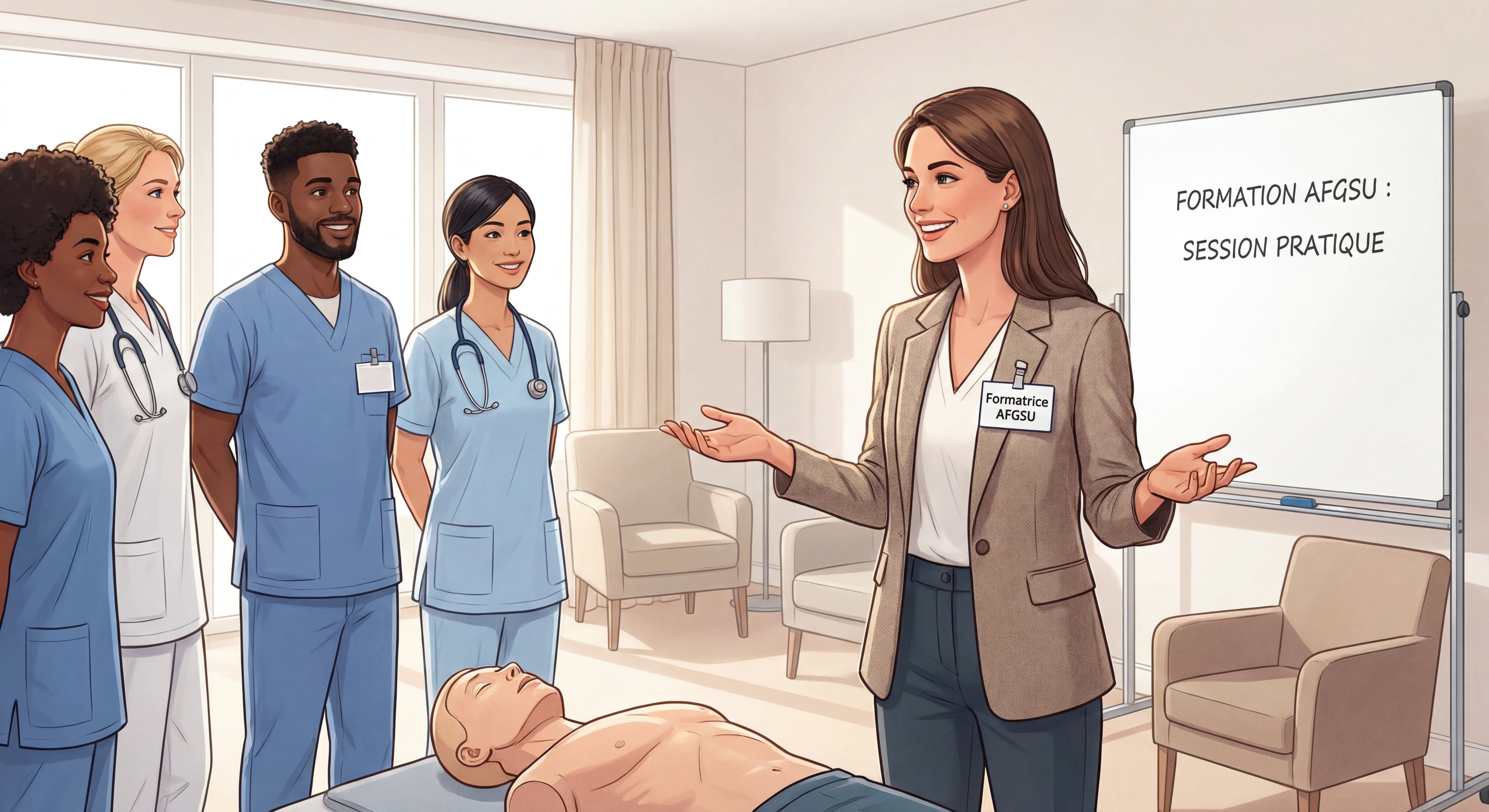Formatrice Starter Formation en interaction bienveillante avec un groupe de stagiaires lors d'une session pratique AFGSU en EHPAD
