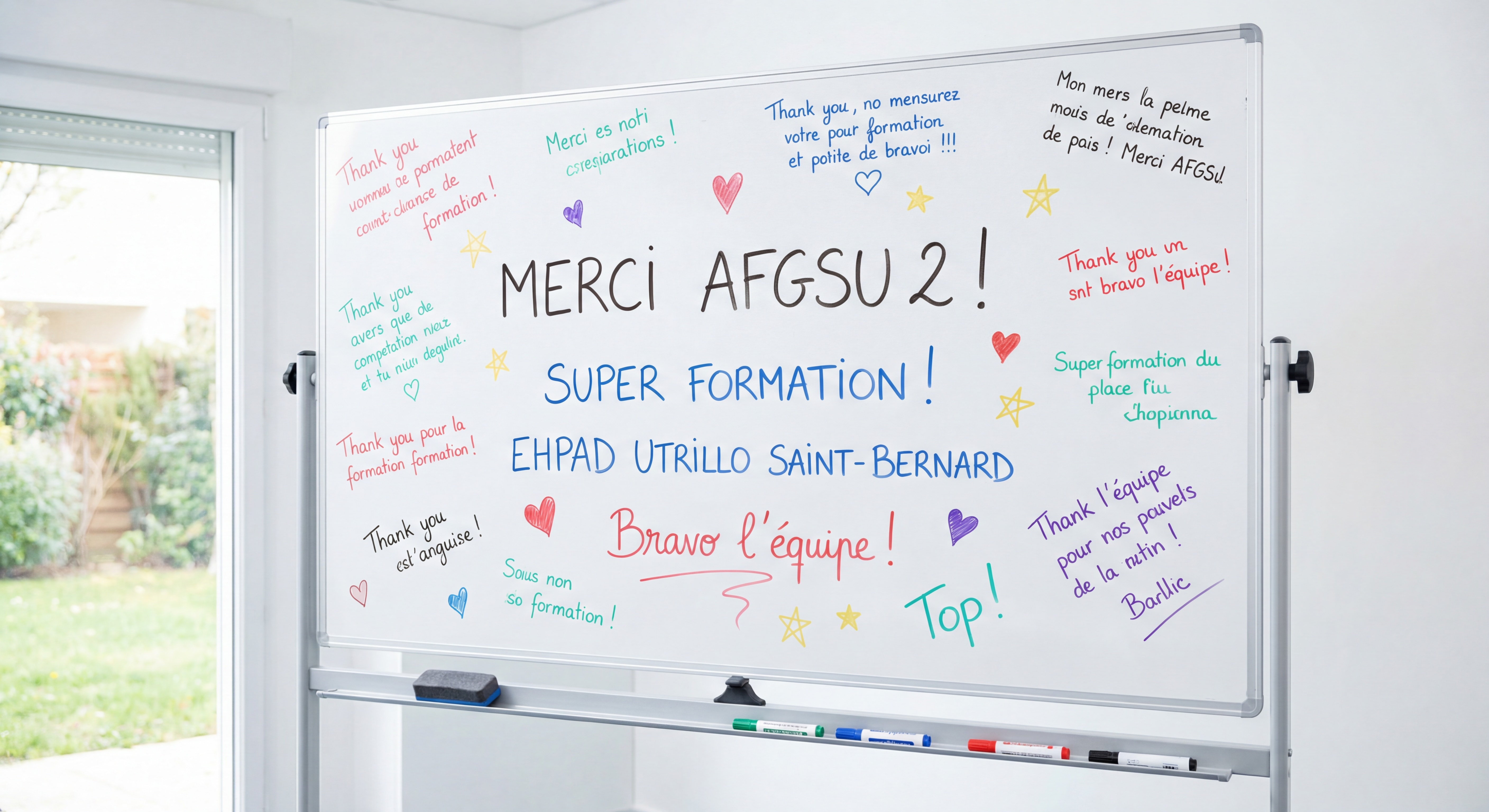 Tableau blanc couvert de messages de remerciements spontanés après une formation AFGSU 2 à l'EHPAD Utrillo Saint-Bernard