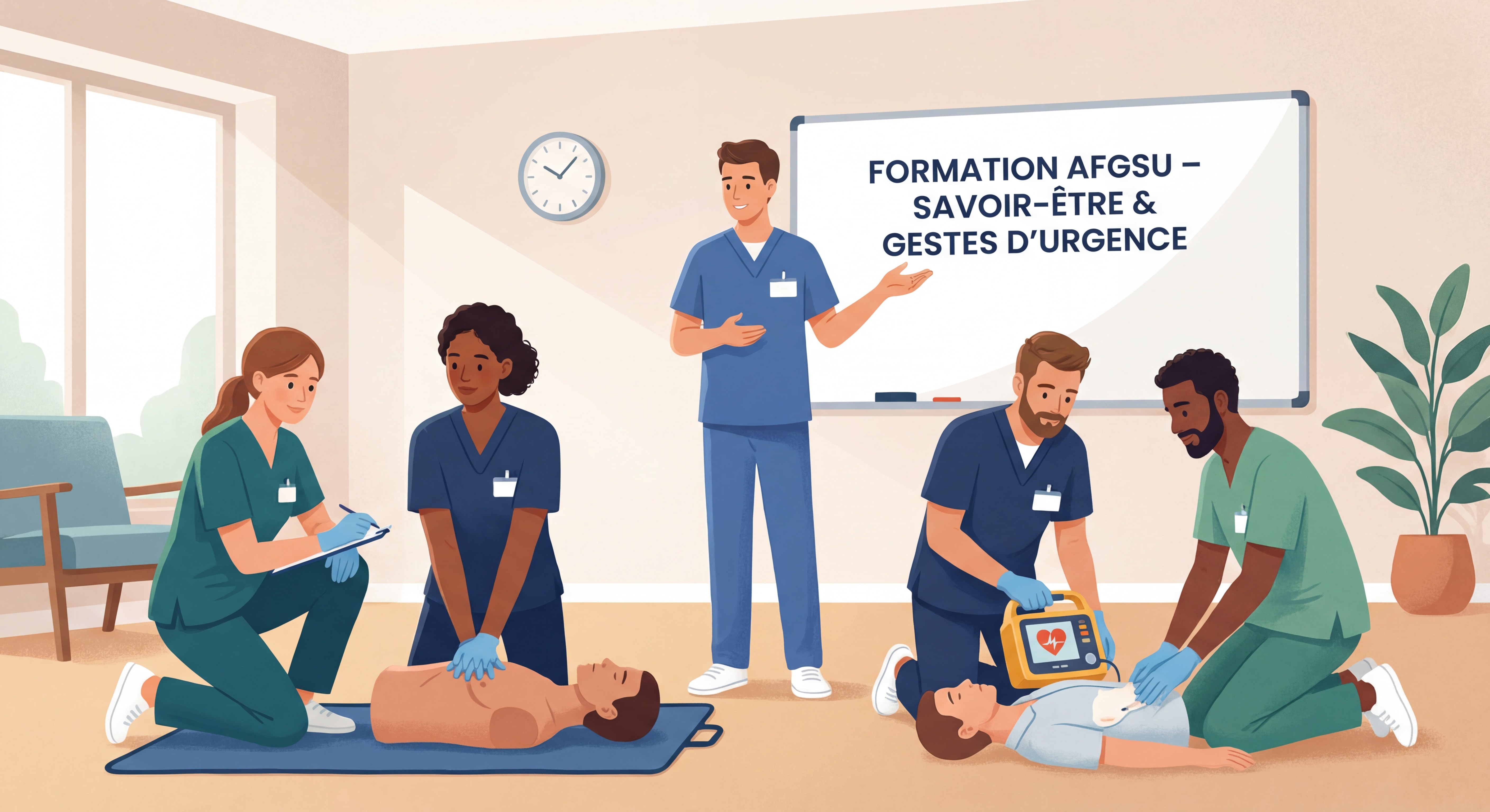 Équipe soignante d'EHPAD pratiquant les gestes AFGSU avec confiance après une formation de qualité axée sur le savoir-être