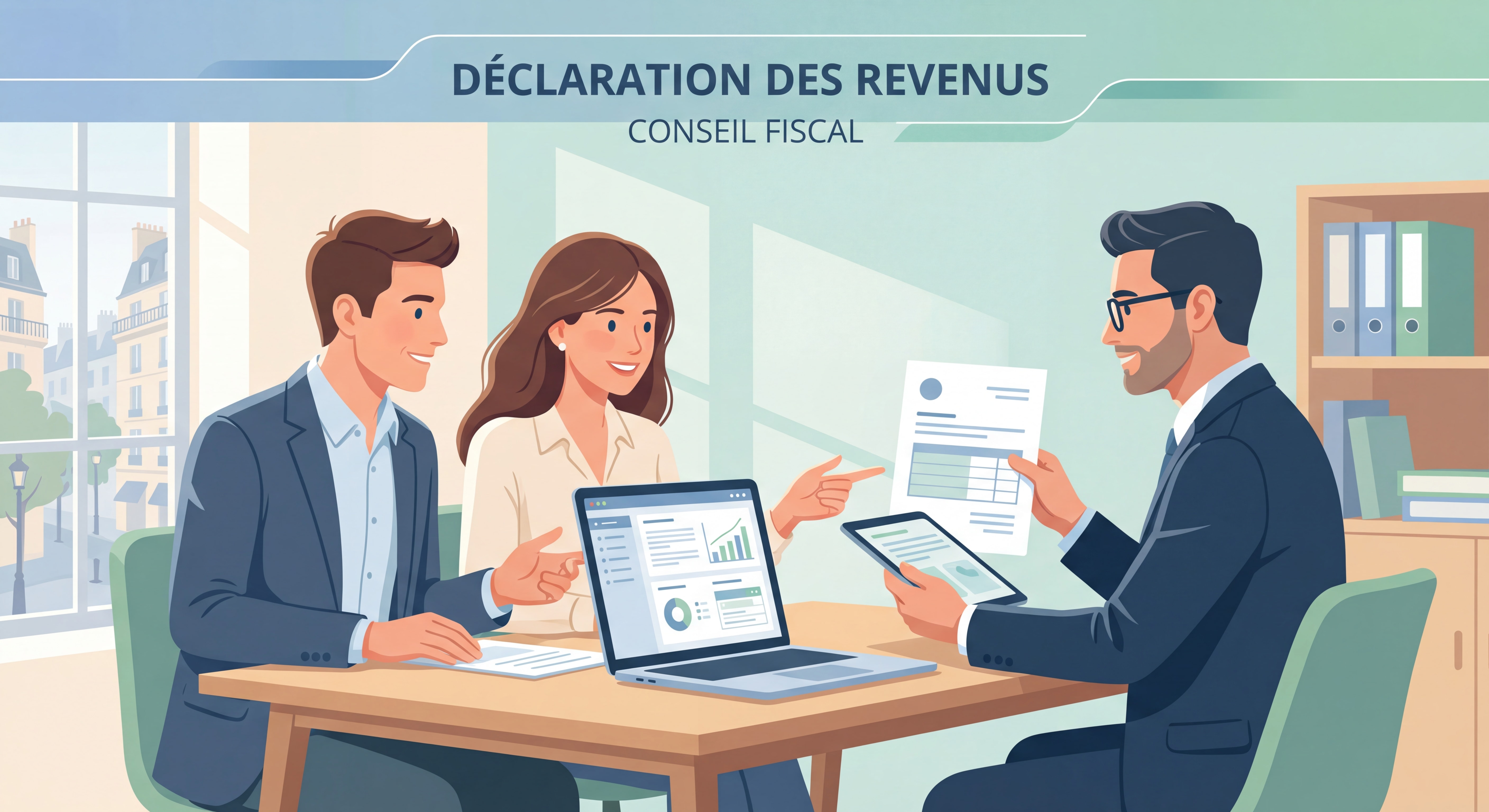 Couple de jeunes cadres français consultant leur déclaration d'impôts avec leur conseiller fiscal