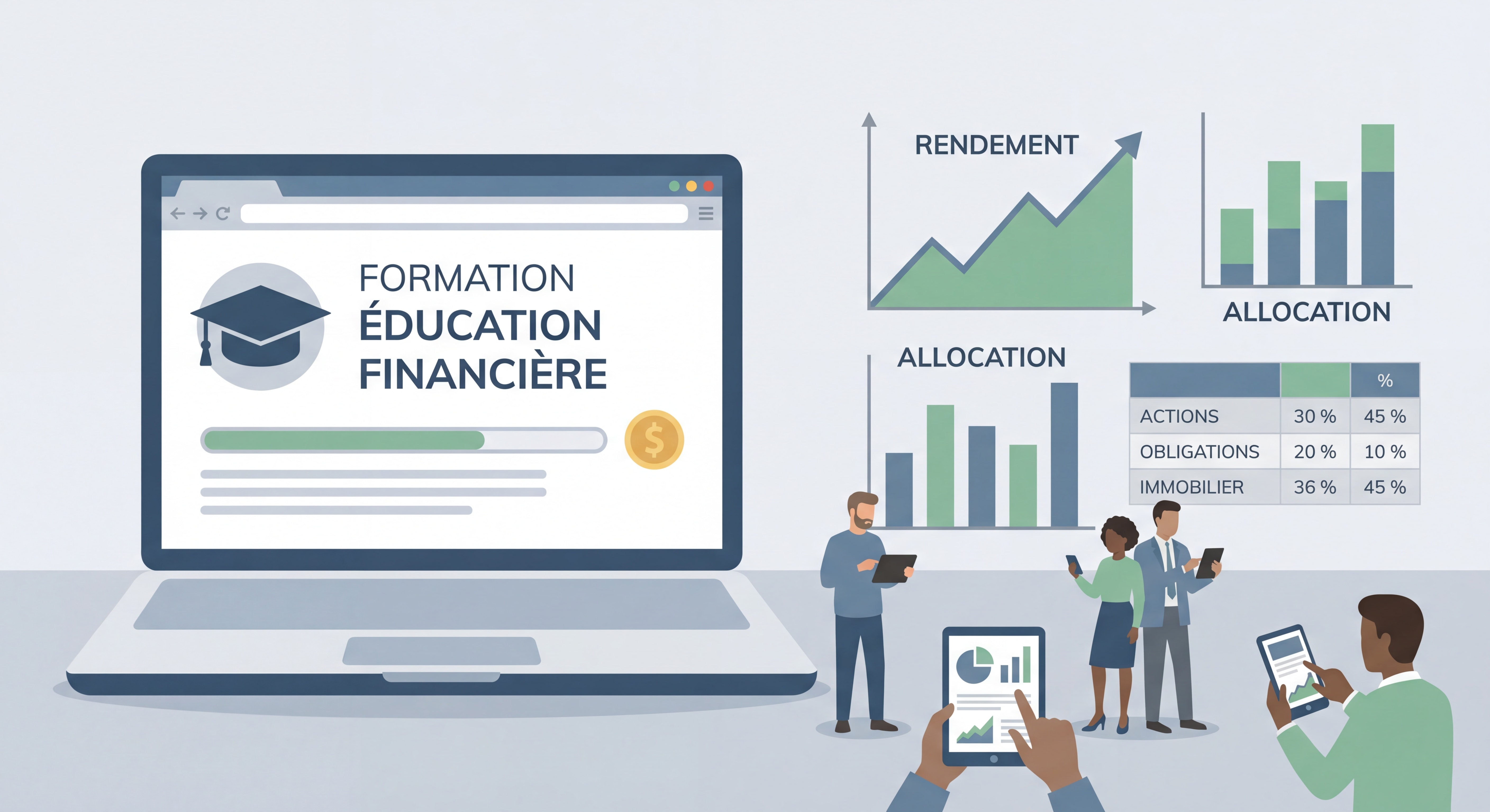 Formation en éducation financière avec des graphiques et des tableaux d'investissement