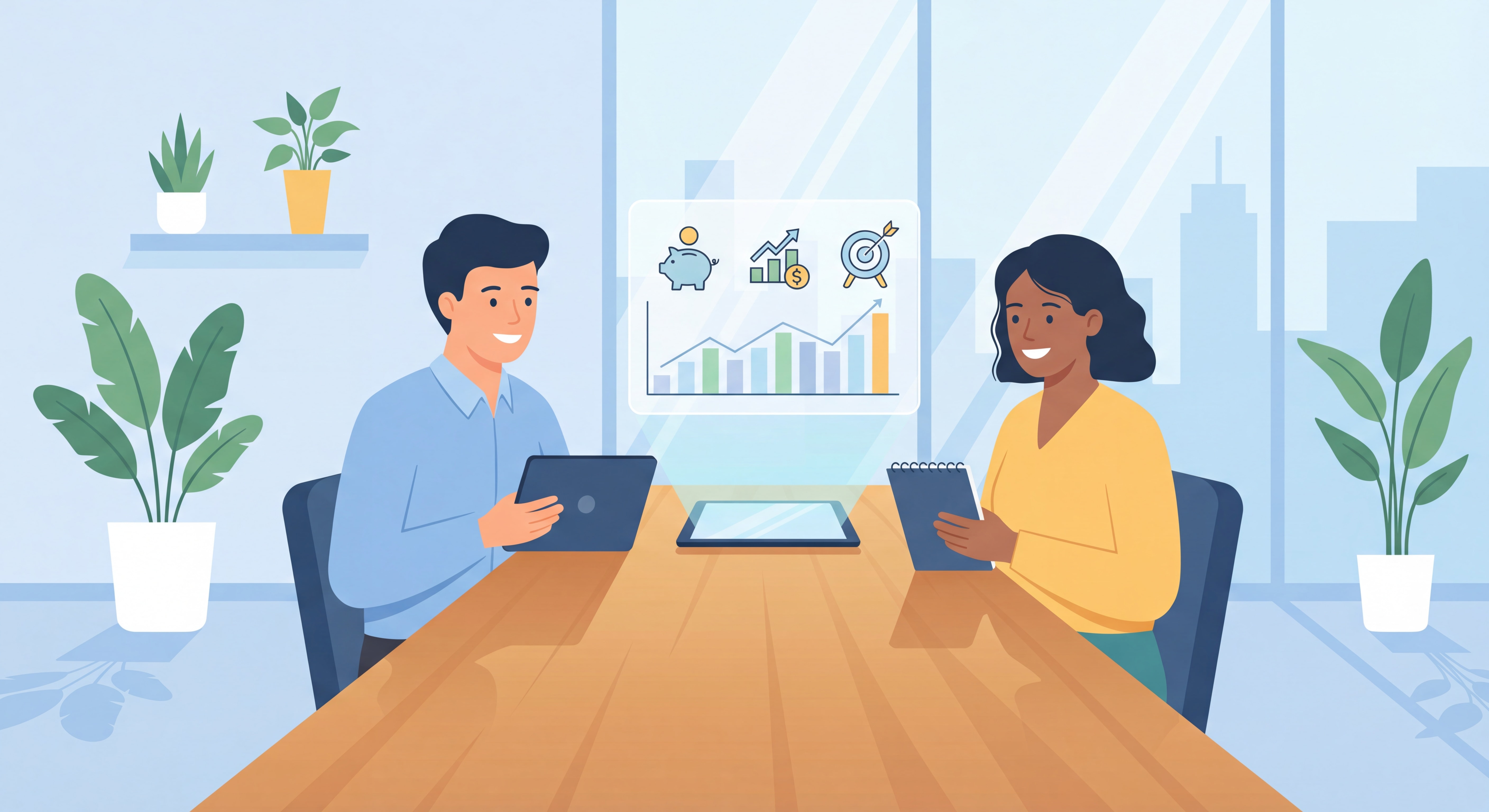 Consultation personnalisée entre coach financier et client dans un environnement professionnel et rassurant