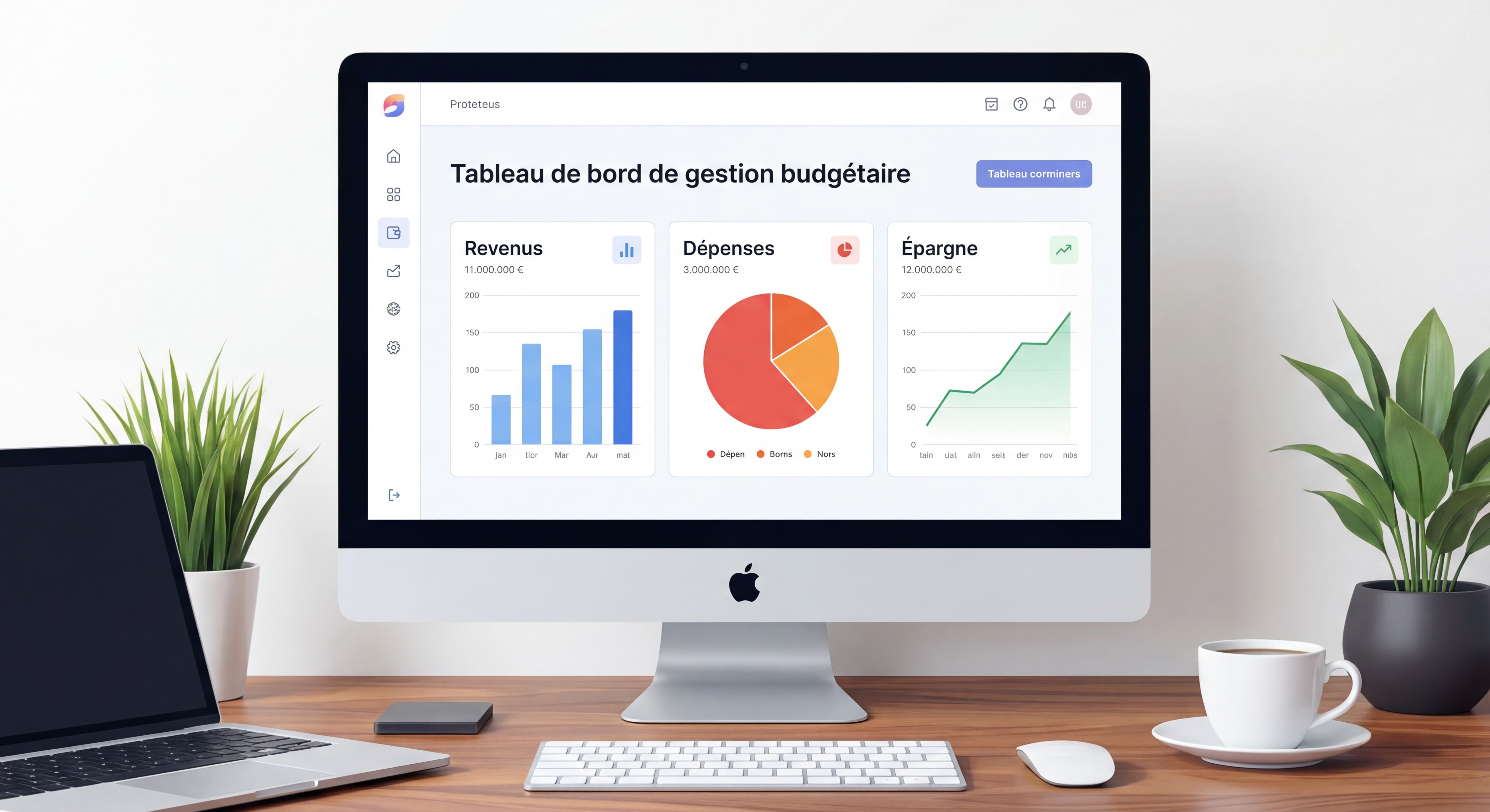 Tableau de bord de gestion budgétaire avec graphiques de revenus, dépenses et épargne sur un écran d'ordinateur