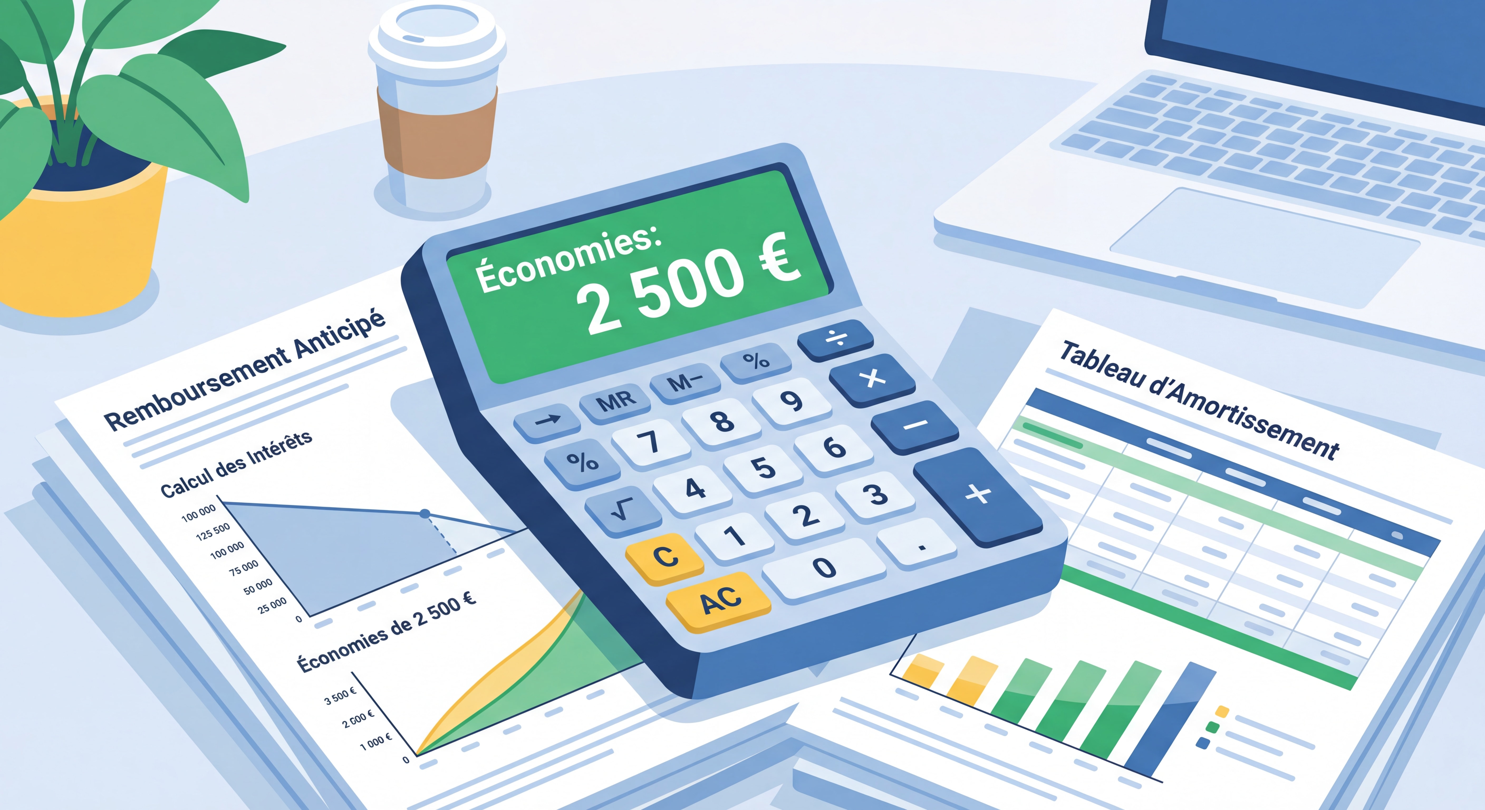 Calculatrice et documents financiers montrant le calcul des économies sur un remboursement anticipé
