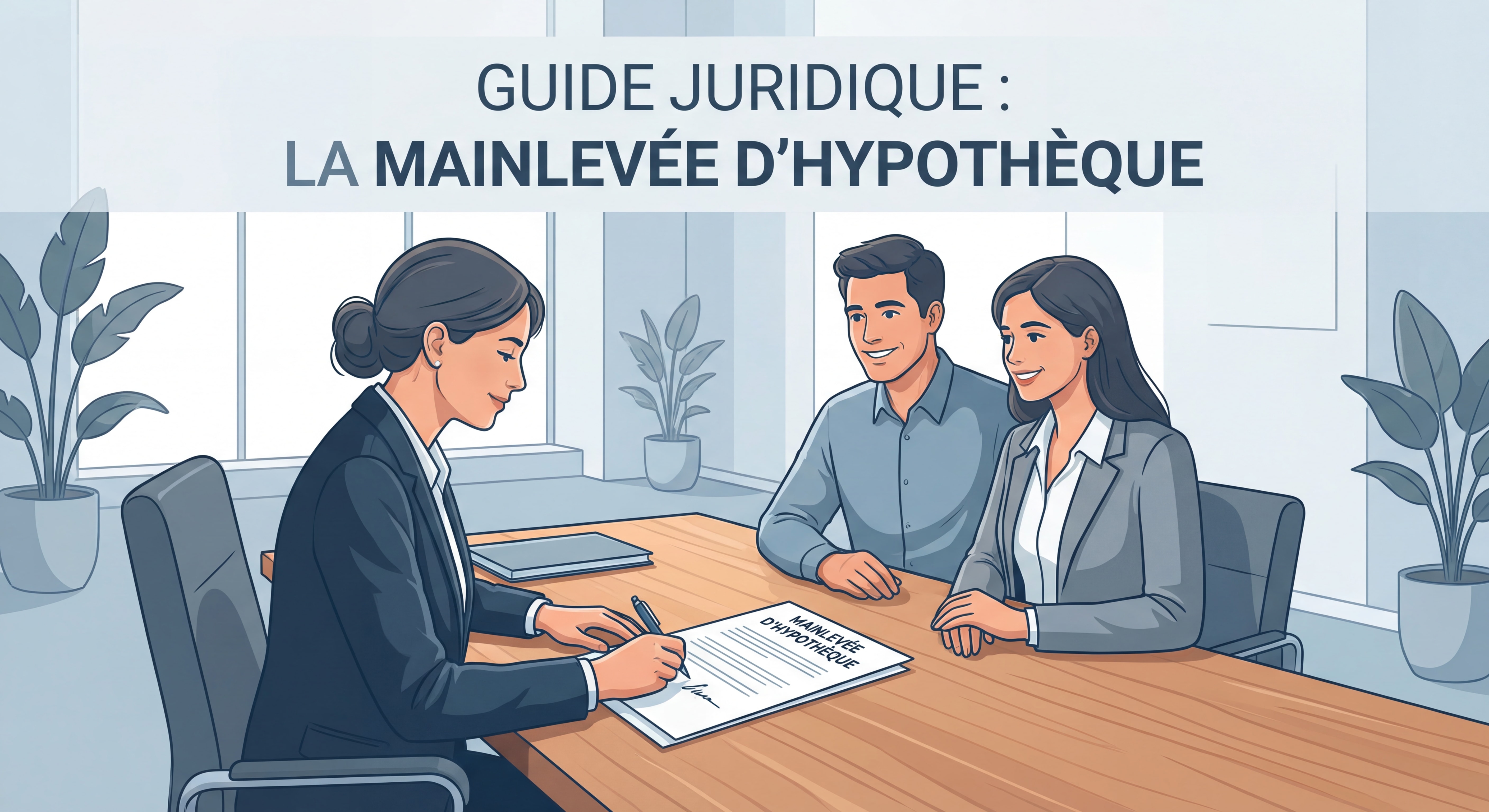 Notaire signant des documents de mainlevée d'hypothèque devant des clients