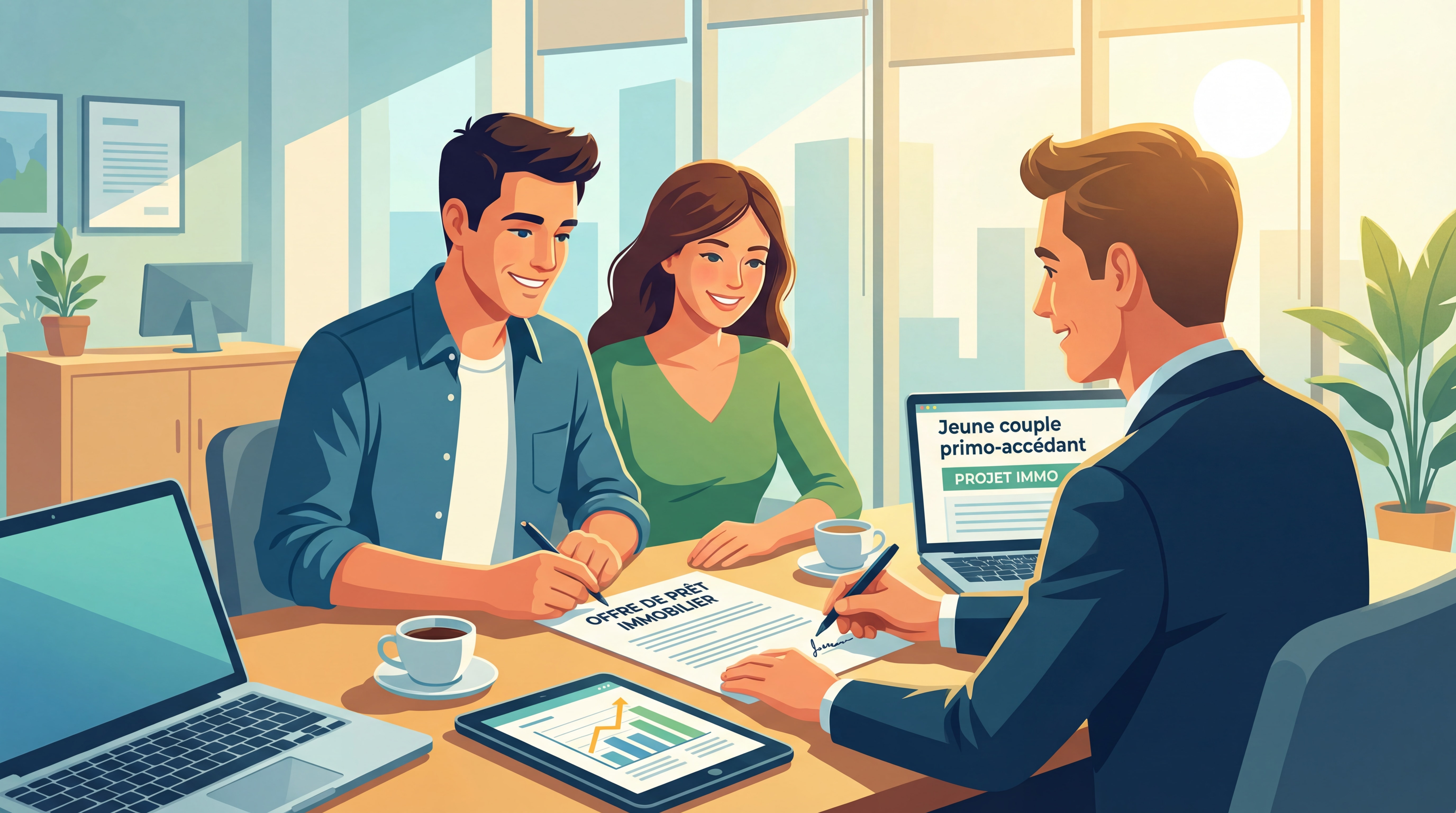 Jeune couple primo-accédant signant leur offre de prêt avec un conseiller bancaire