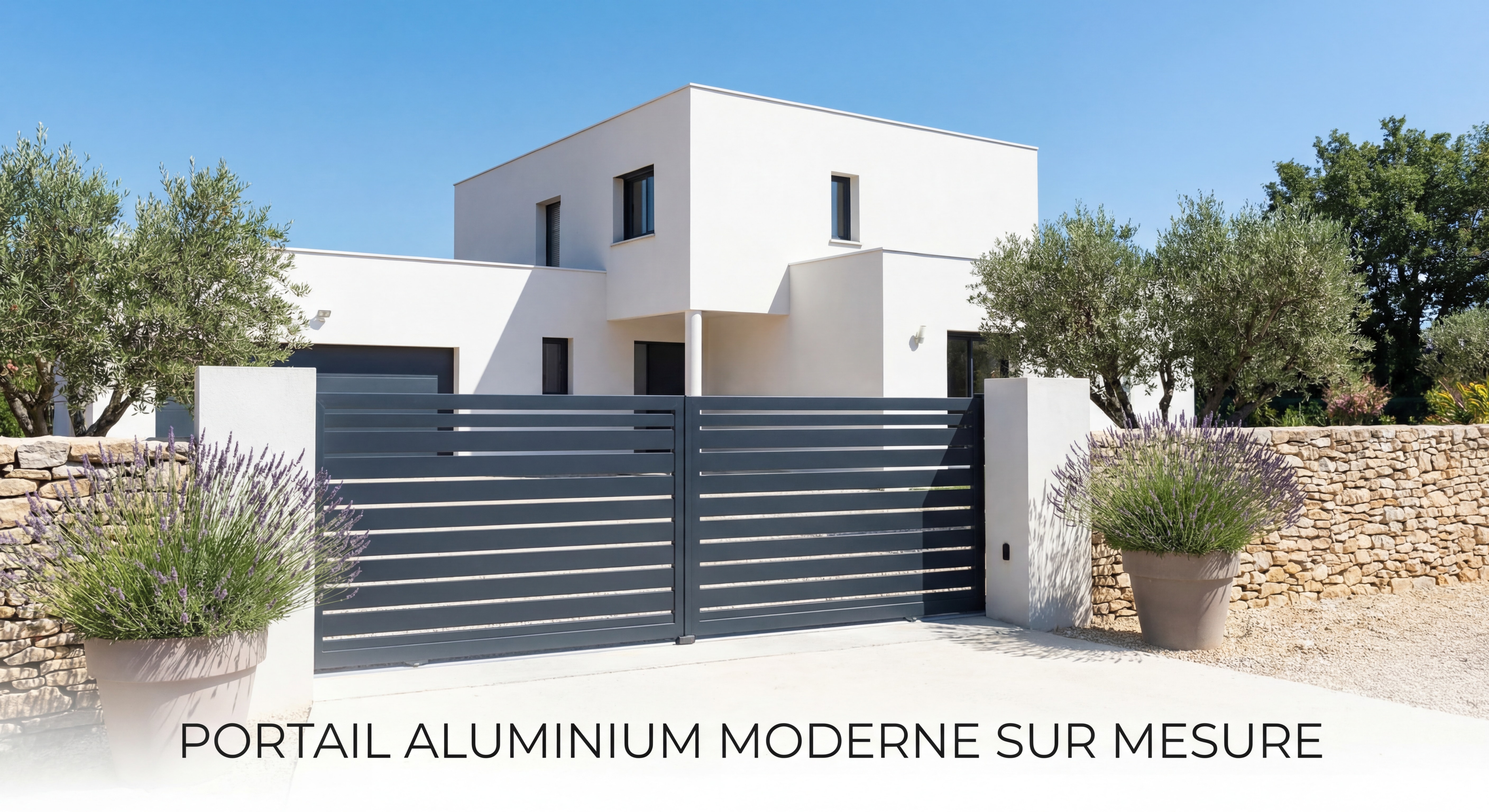 Portail aluminium moderne sur mesure installé devant une maison contemporaine dans les Bouches-du-Rhône