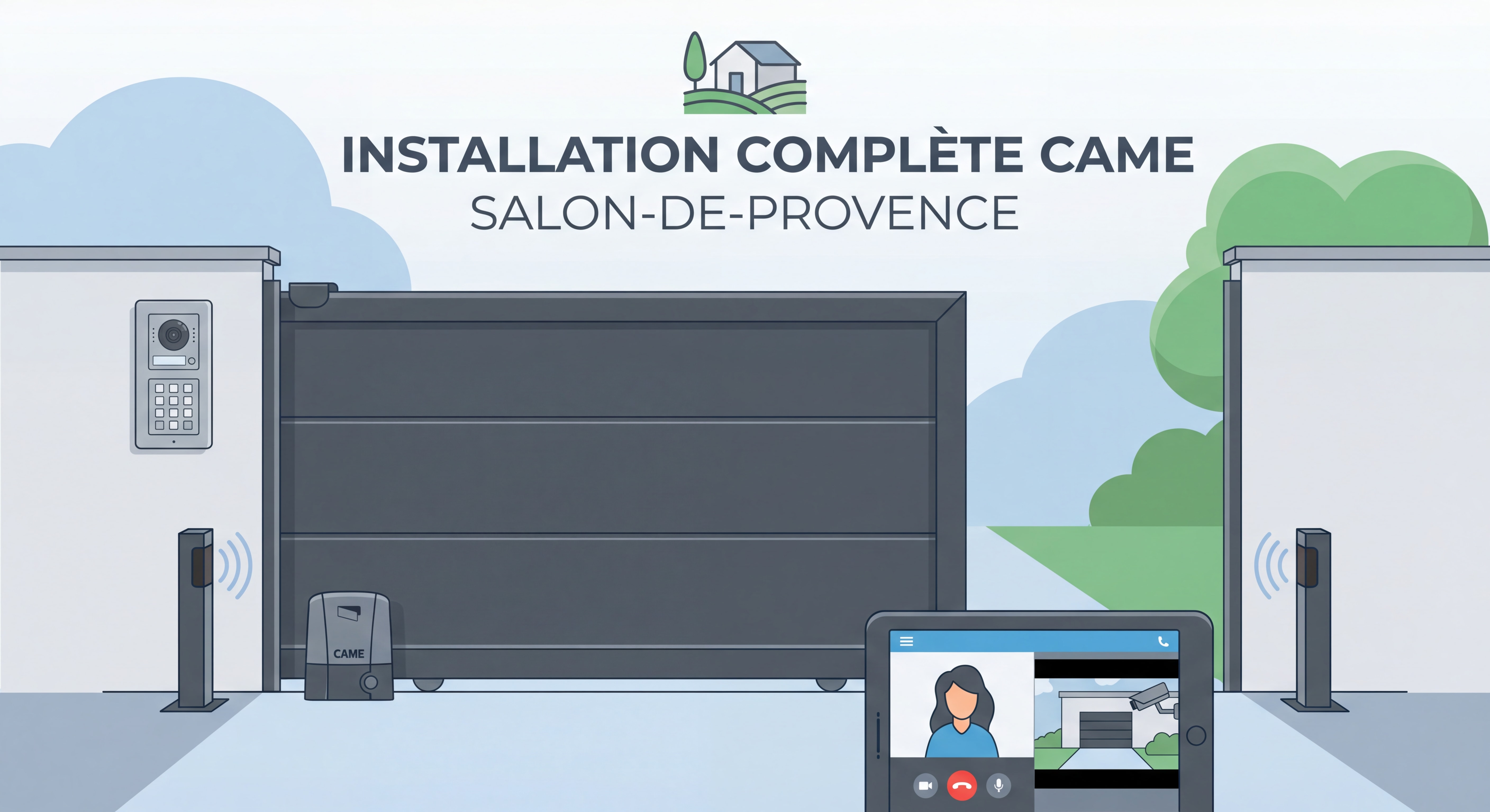 Installation complète motorisation CAME avec visiophone et accessoires de sécurité sur portail aluminium à Salon-de-Provence