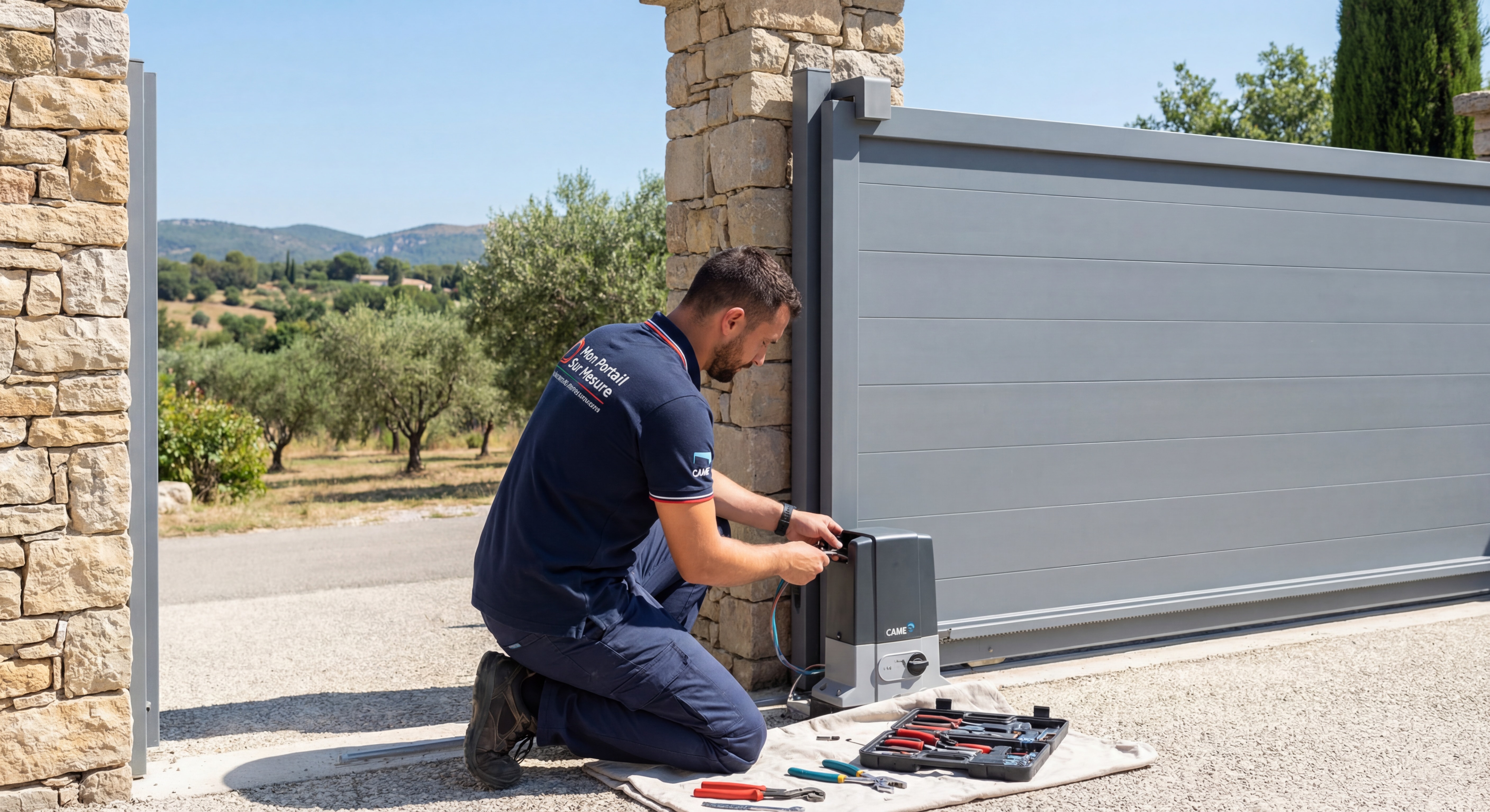 Pourquoi Installer une Motorisation CAME sur Votre Portail en 2026 ? Le Guide Complet Technicien professionnel de Mon Portail Sur Mesure installant une motorisation CAME sur un portail aluminium à Aubagne