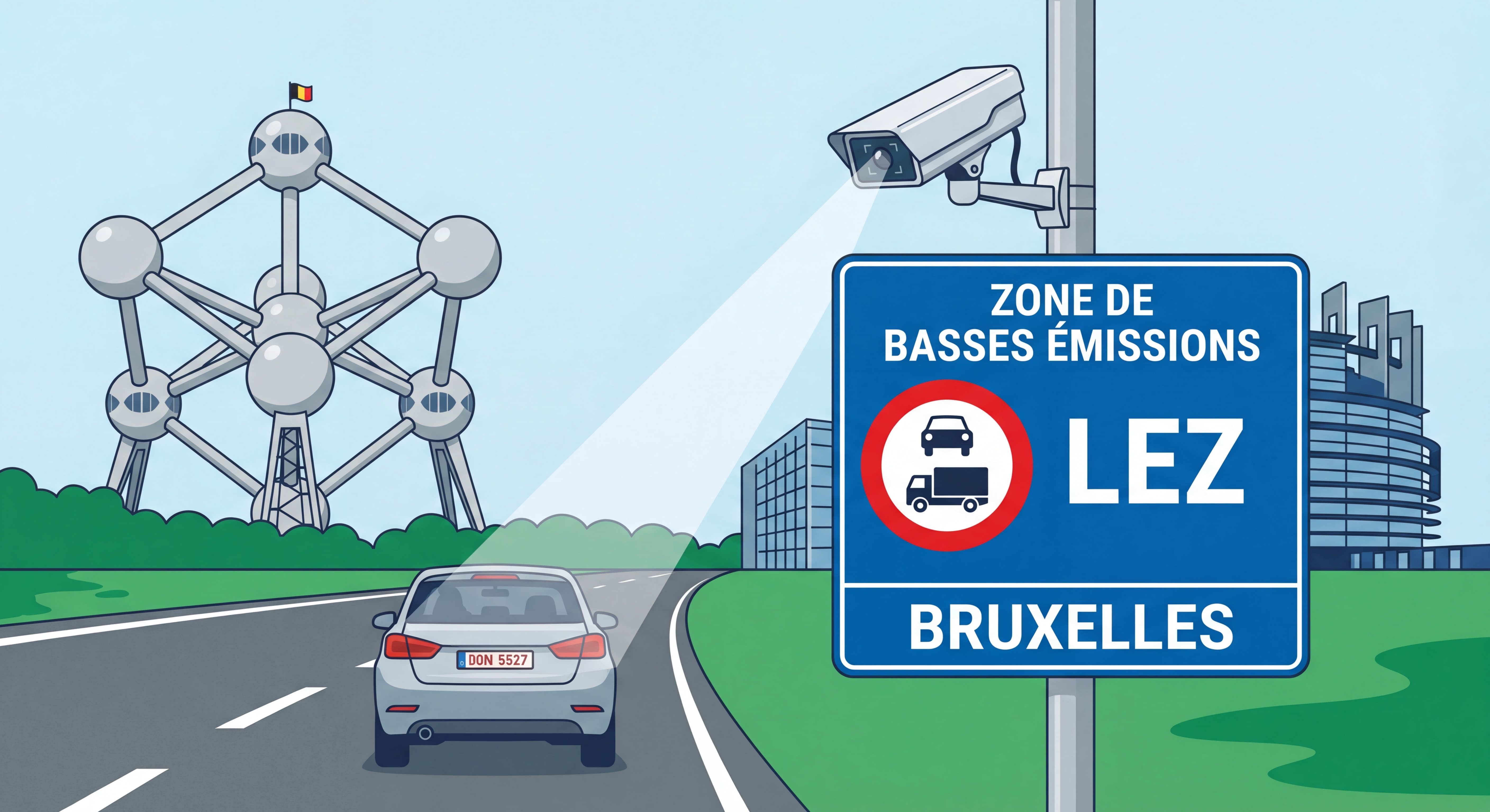 Panneau de signalisation Zone de Basses Émissions LEZ à l'entrée de Bruxelles avec caméra ANPR