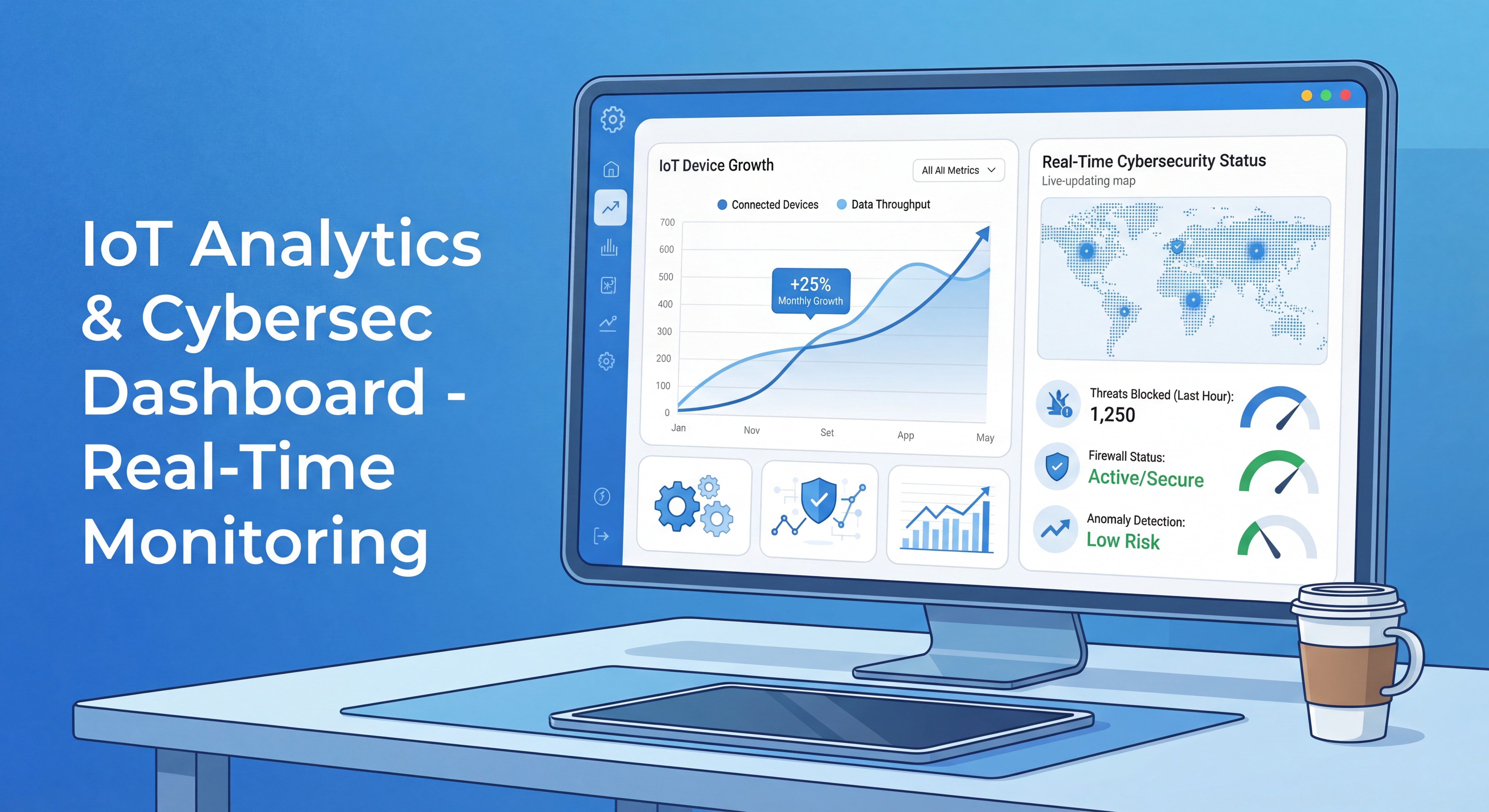Dashboard analytique montrant des métriques IoT avec graphiques de croissance et indicateurs de cybersécurité en temps réel