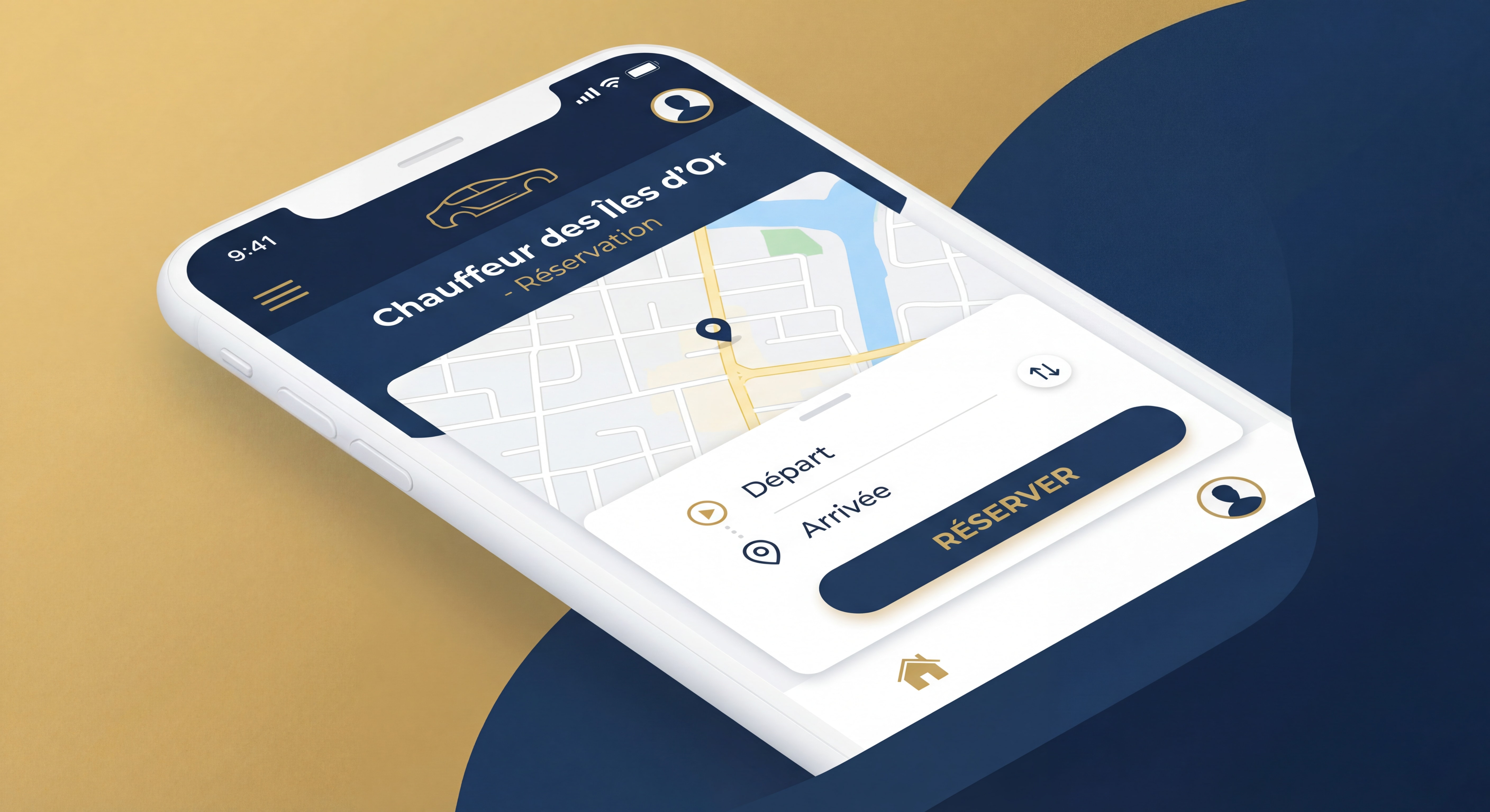 Capture d'écran de l'application mobile Chauffeur des Îles d'Or montrant l'interface de réservation intuitive