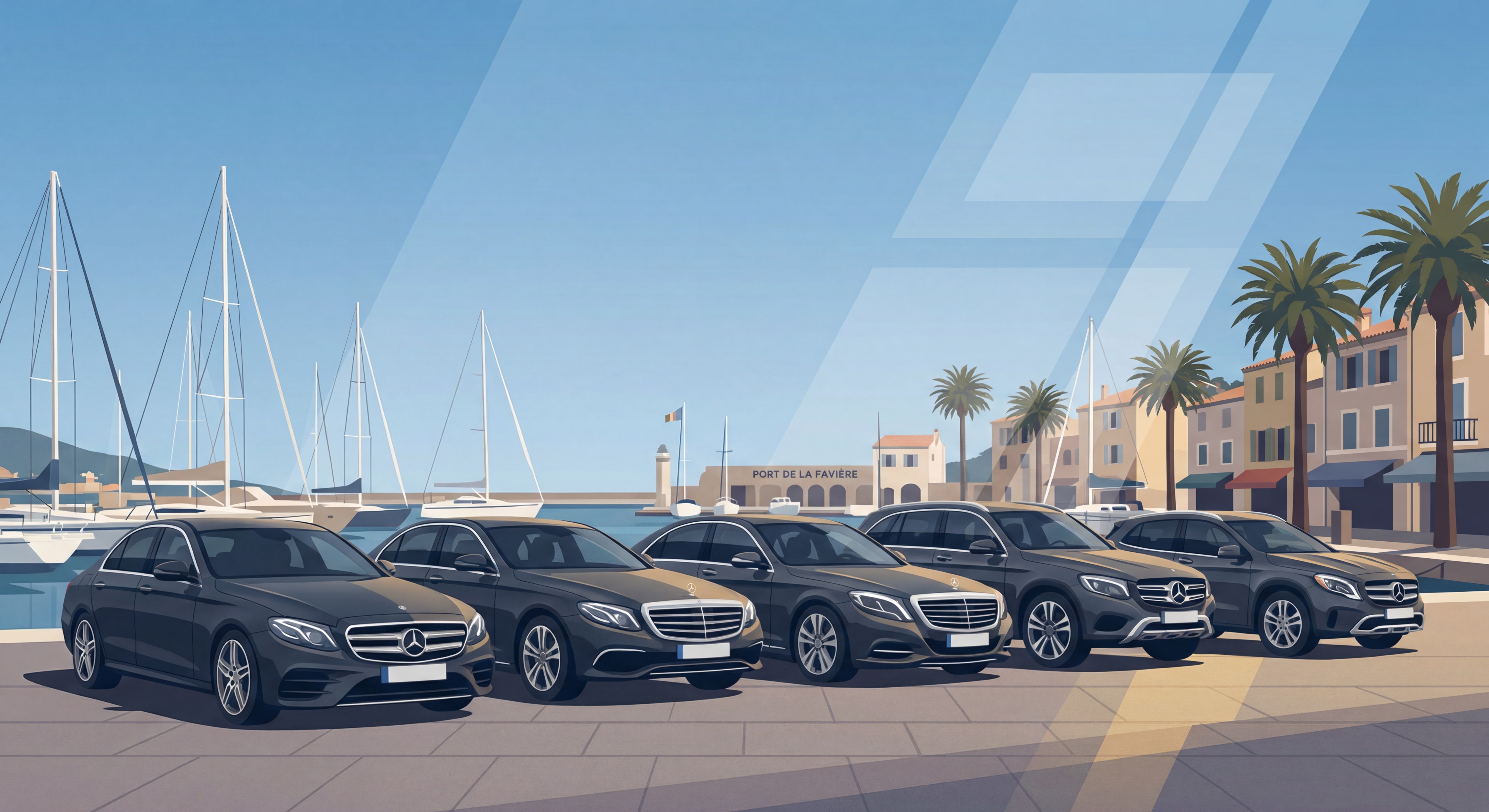 Flotte de véhicules Mercedes noirs alignés devant le port de la Favière à Bormes-les-Mimosas