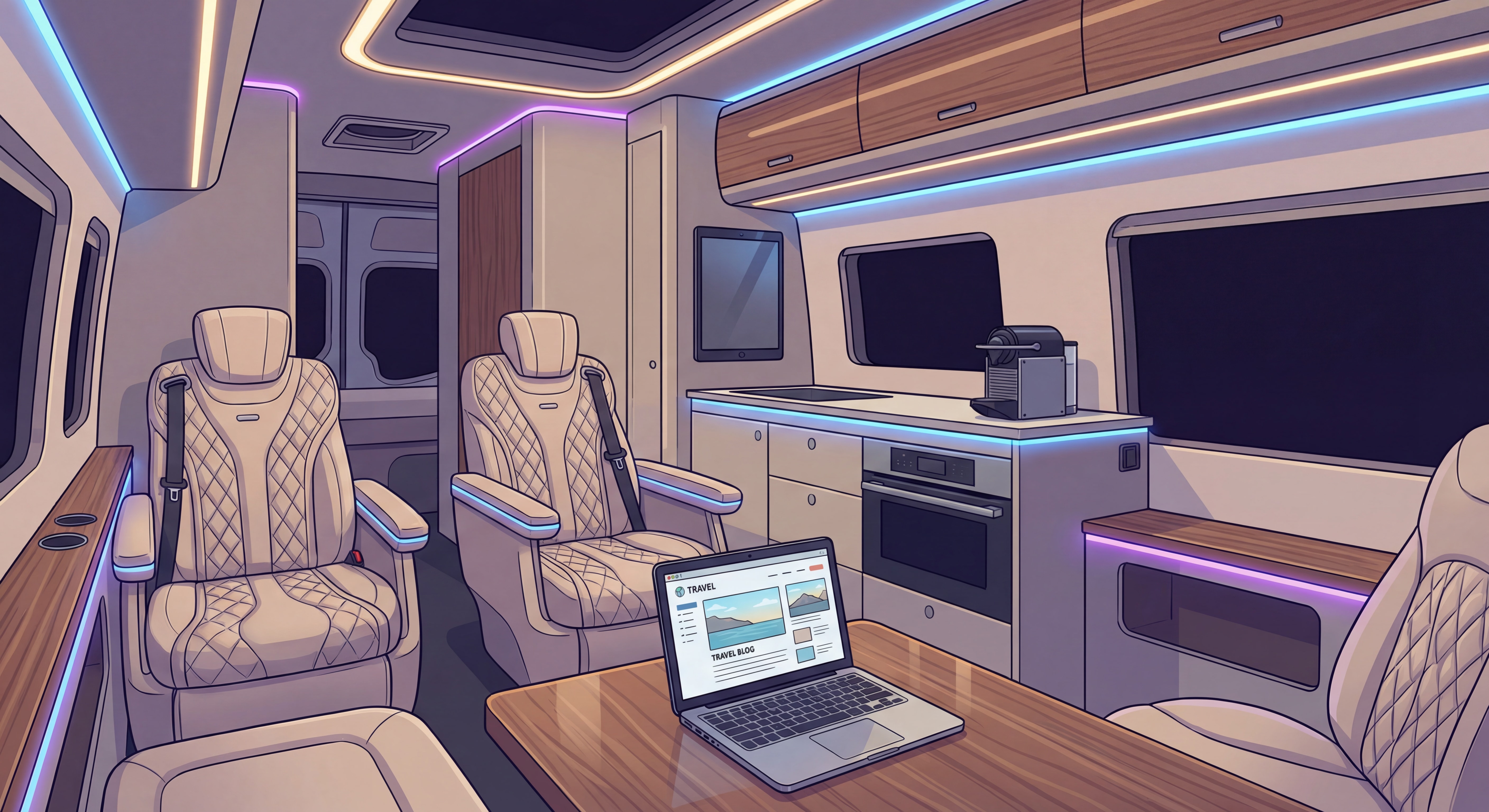 Intérieur luxueux d'un van Mercedes avec sièges en cuir, éclairage d'ambiance et équipements premium