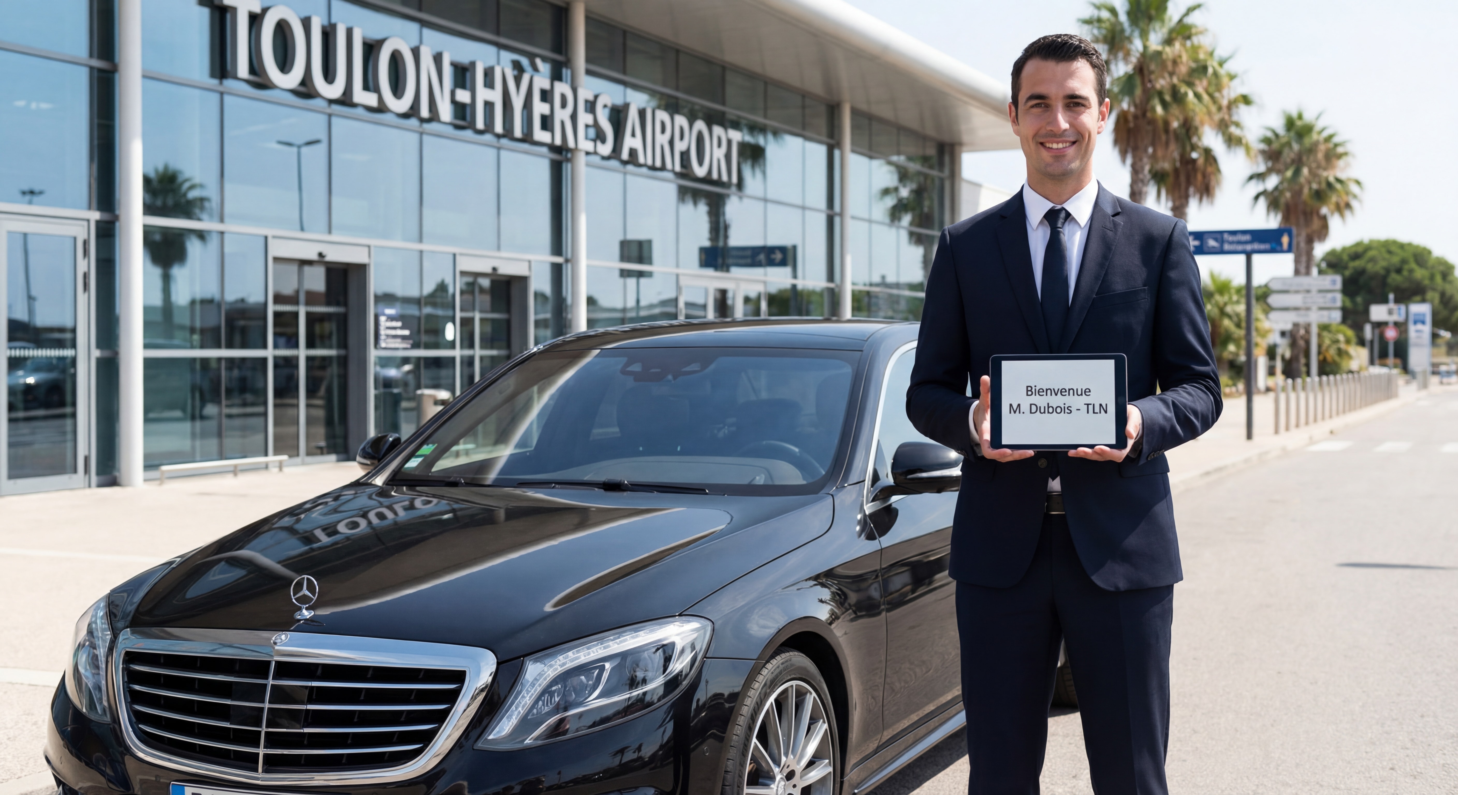 Chauffeur professionnel en costume devant véhicule Mercedes avec pancarte d'accueil à l'aéroport de Toulon-Hyères