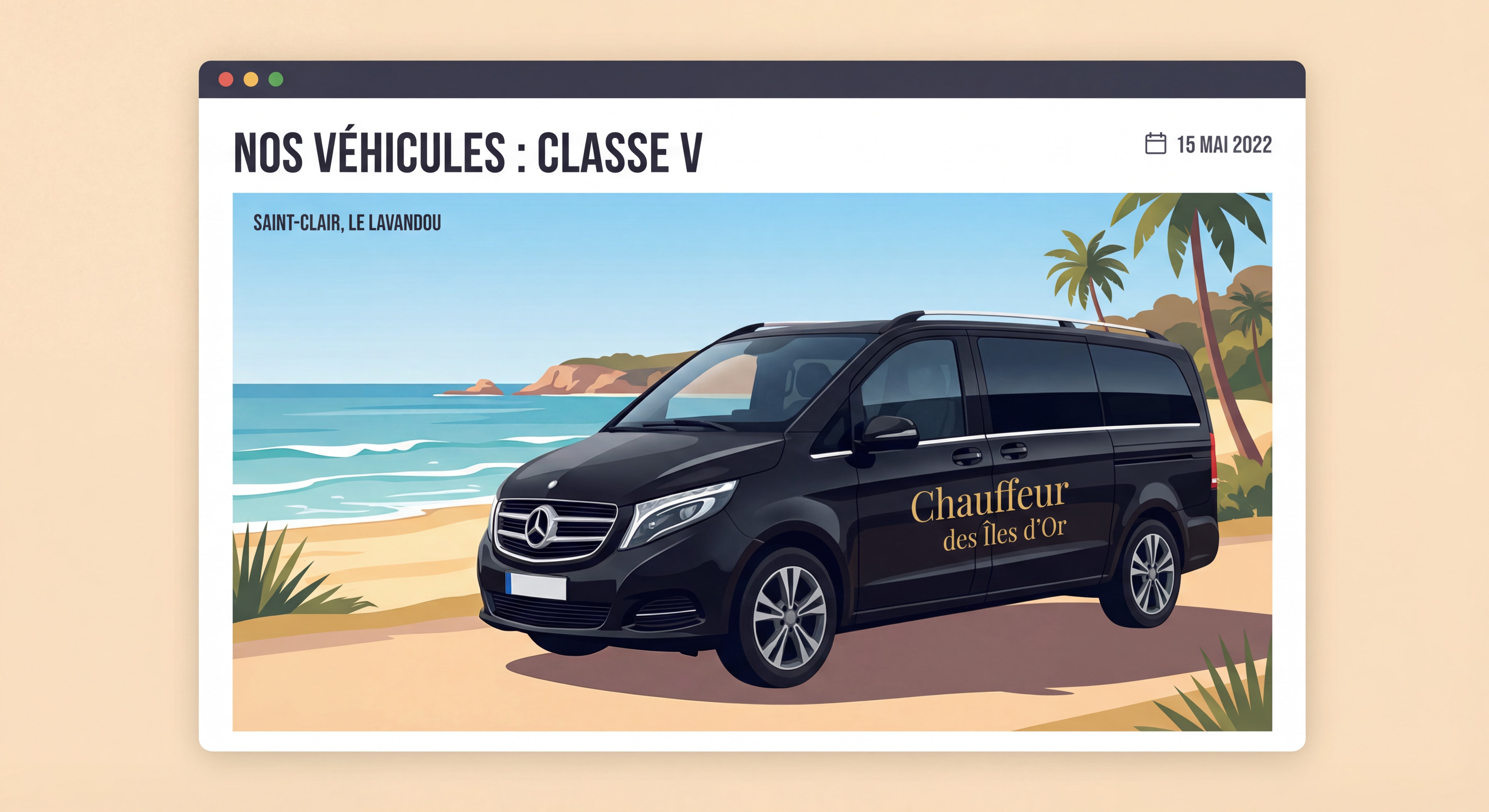 Van Mercedes noir Classe V floqué Chauffeur des Îles d'Or stationné devant la plage de Saint-Clair au Lavandou