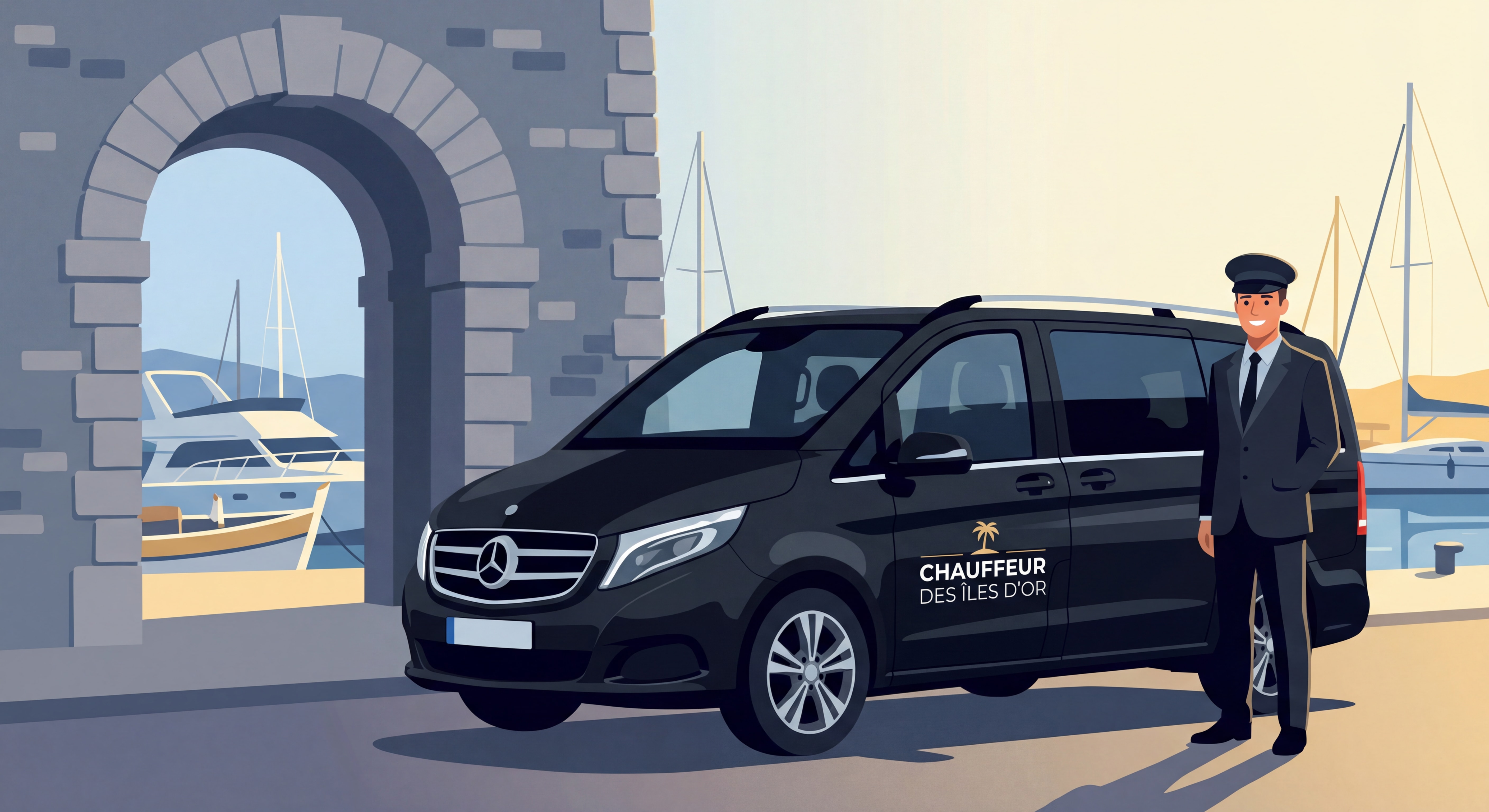 Van Mercedes noir floqué Chauffeur des Îles d'Or devant le port du Lavandou avec chauffeur en costume