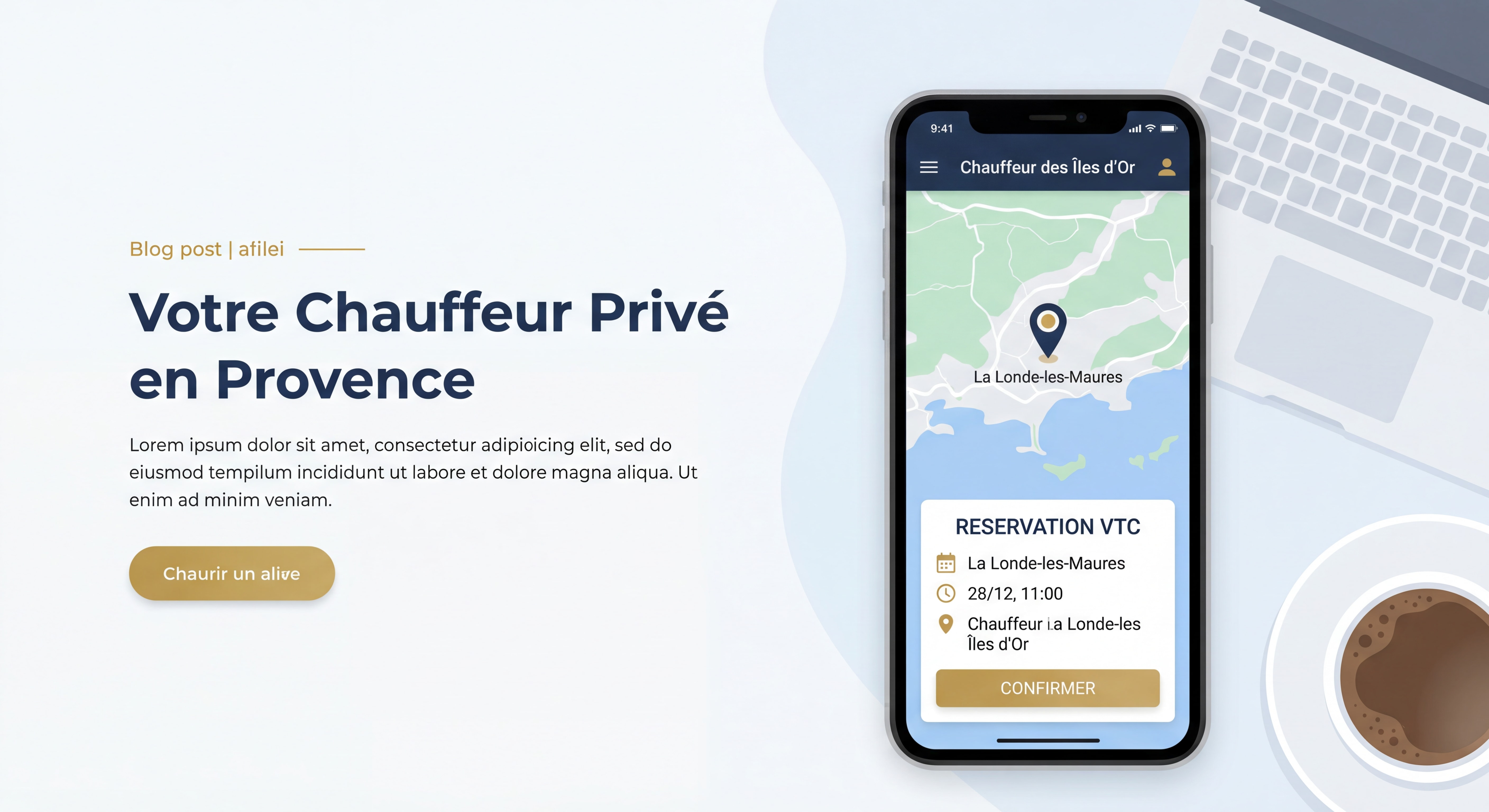 Interface application mobile Chauffeur des Îles d'Or montrant la réservation d'un VTC à La Londe-les-Maures