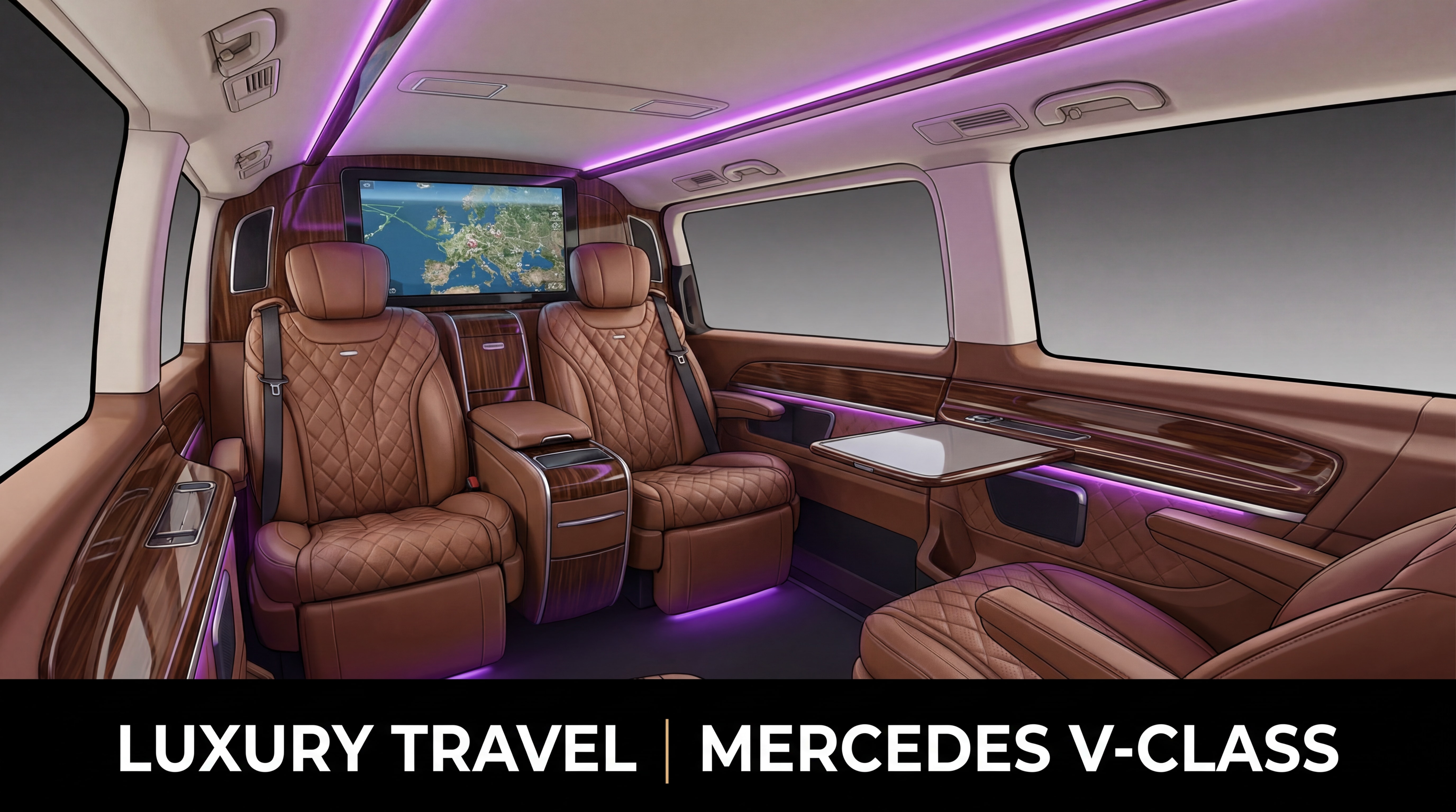 Intérieur luxueux d'un Mercedes Classe V avec sièges en cuir et éclairage d'ambiance