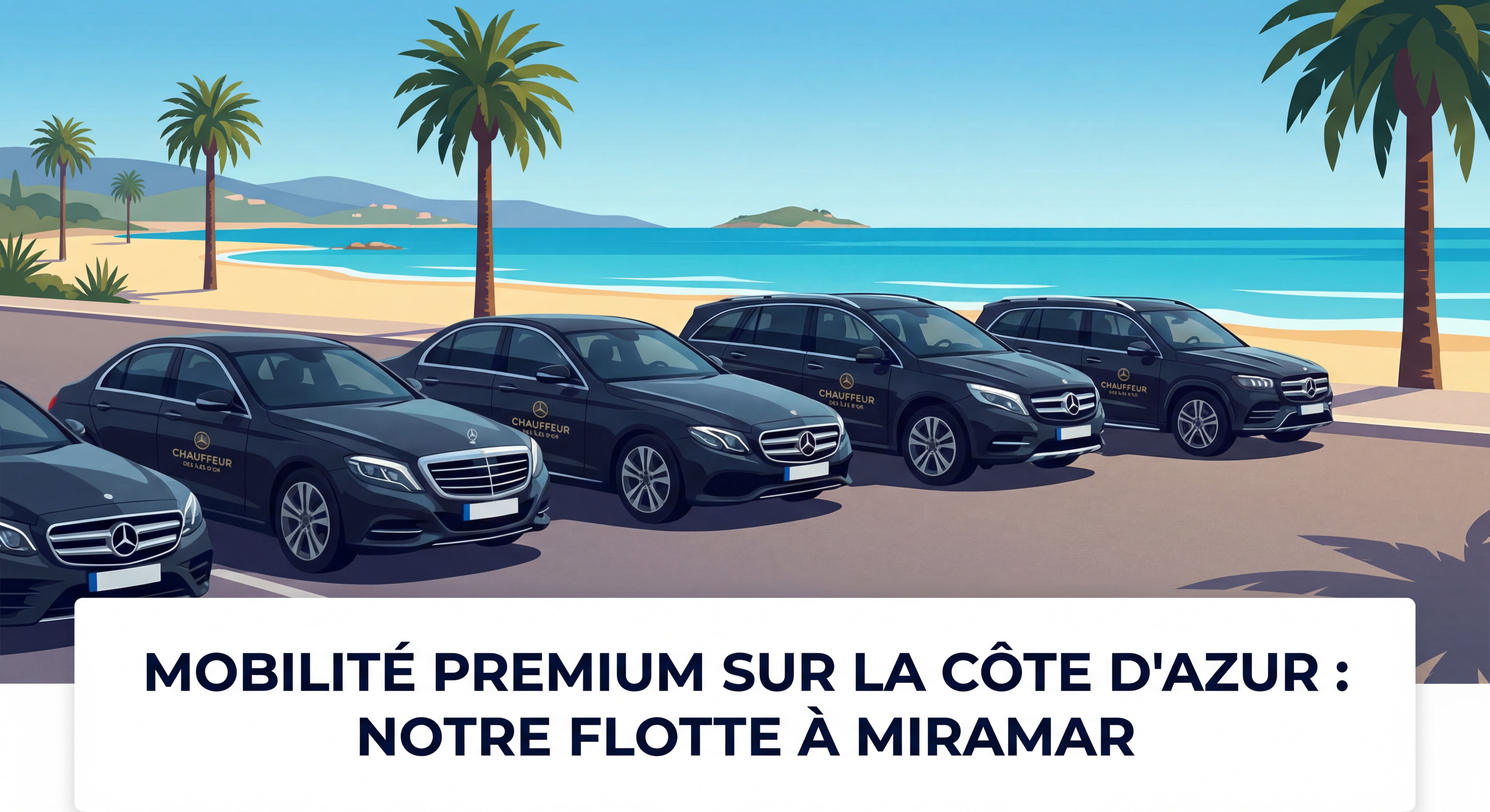 Flotte de véhicules Mercedes noirs Chauffeur des Îles d'Or alignés devant la plage de Miramar à La Londe-les-Maures