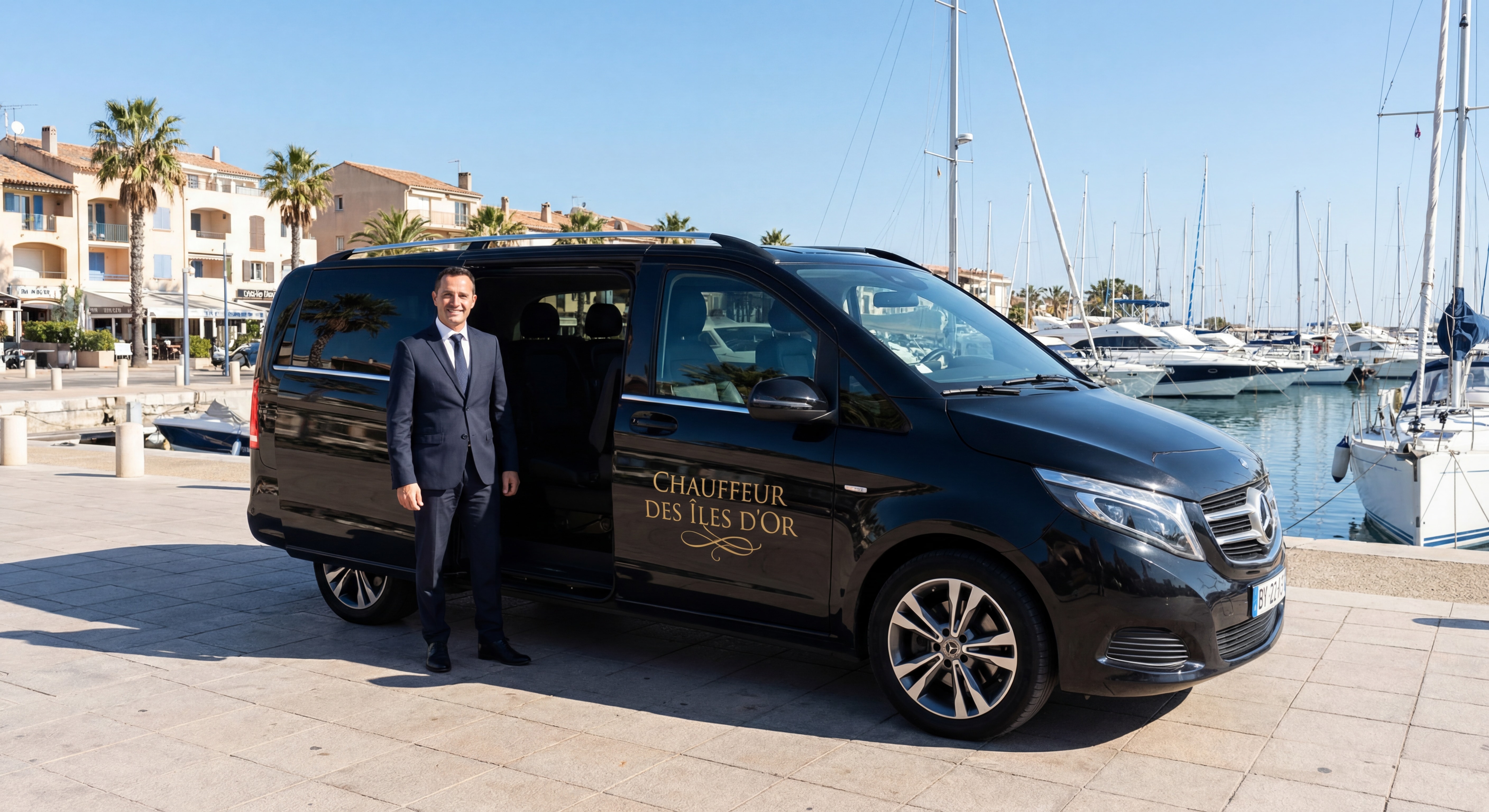 Van Mercedes noir floqué Chauffeur des Îles d'Or devant le port de plaisance de La Londe-les-Maures avec chauffeur en costume
