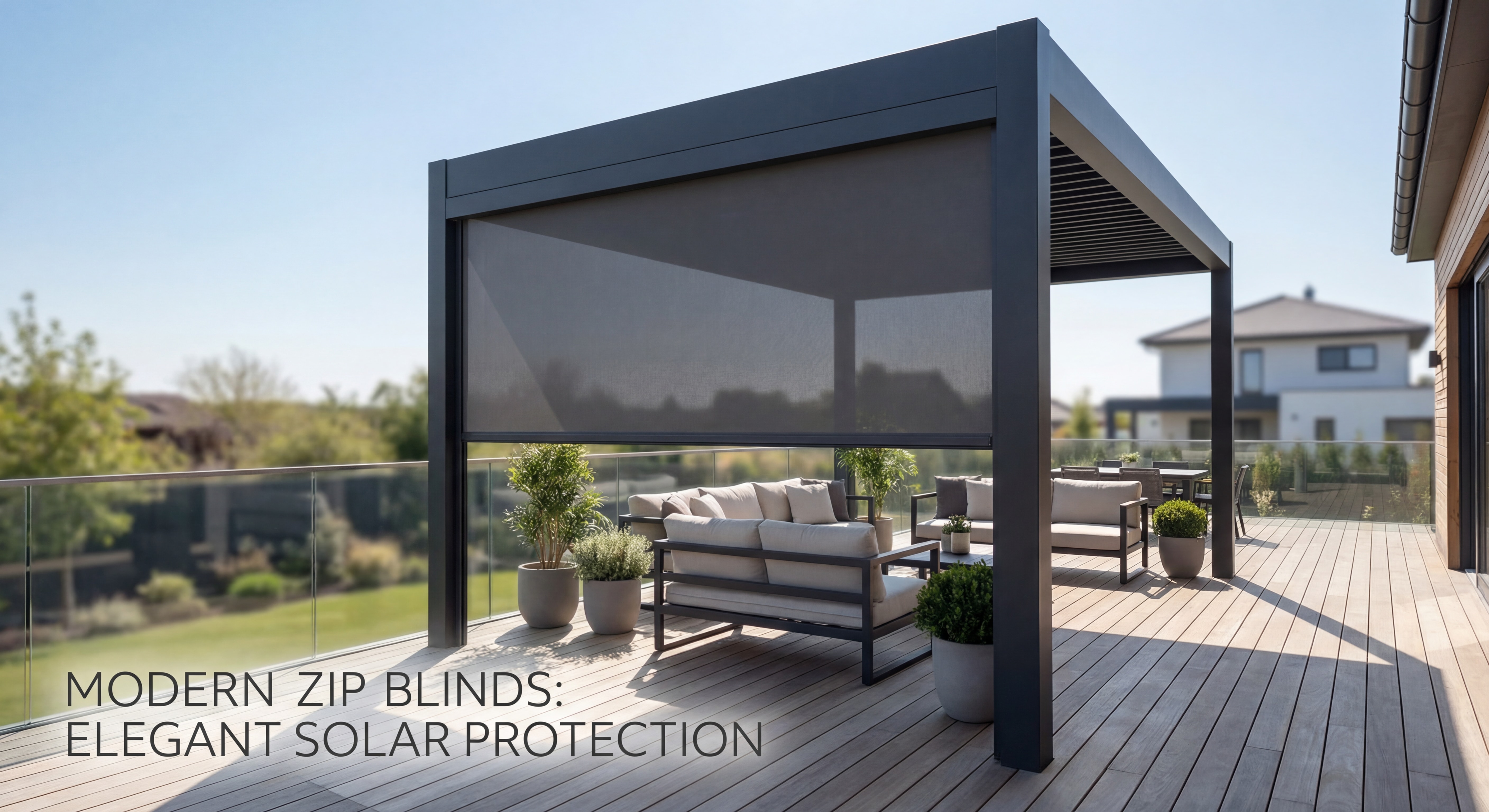 Store ZIP moderne installé sur terrasse avec pergola, toile tendue gris anthracite, protection solaire élégante