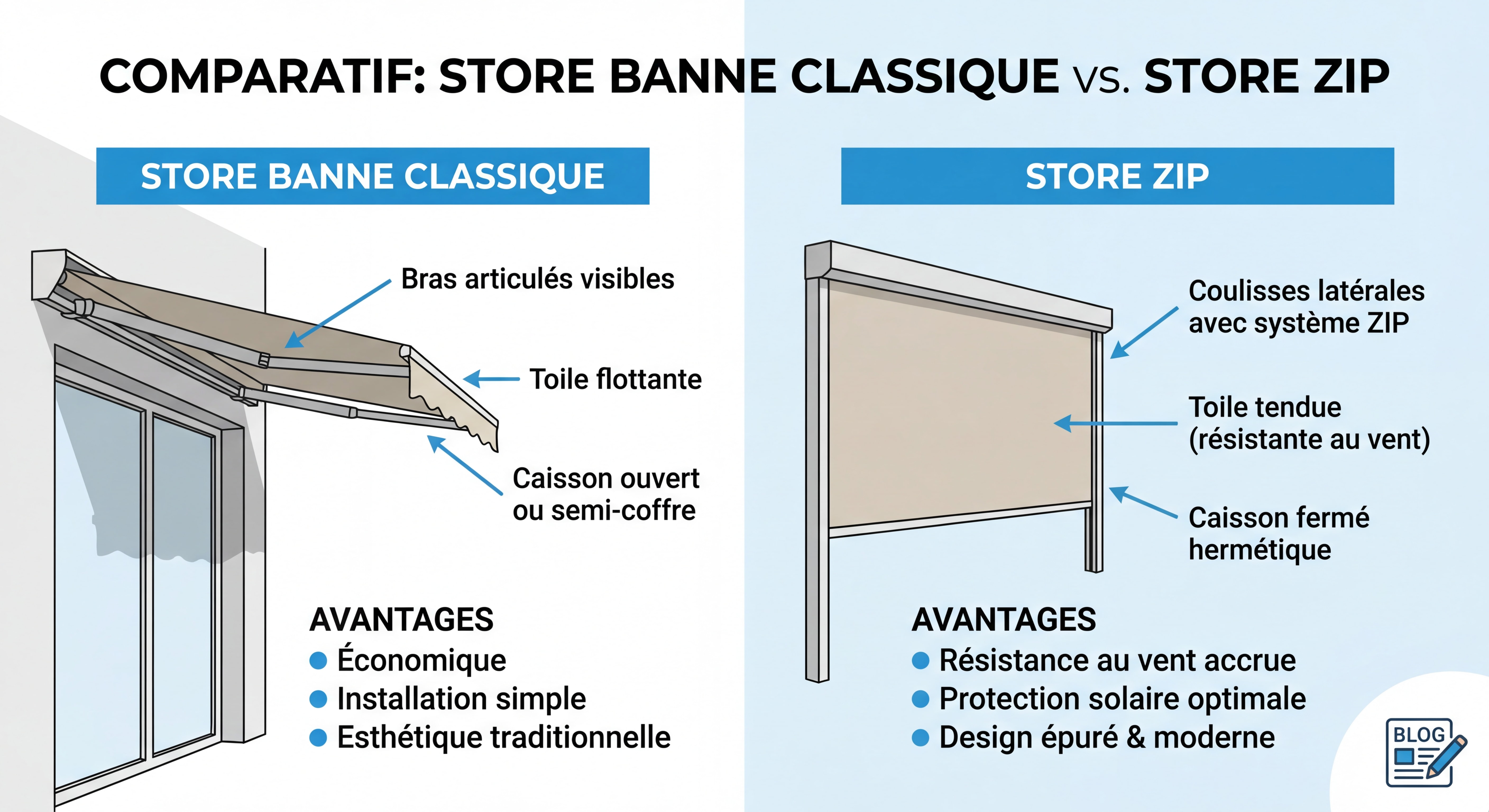 Comparaison visuelle store banne classique versus store ZIP avec annotations des différences techniques et avantages