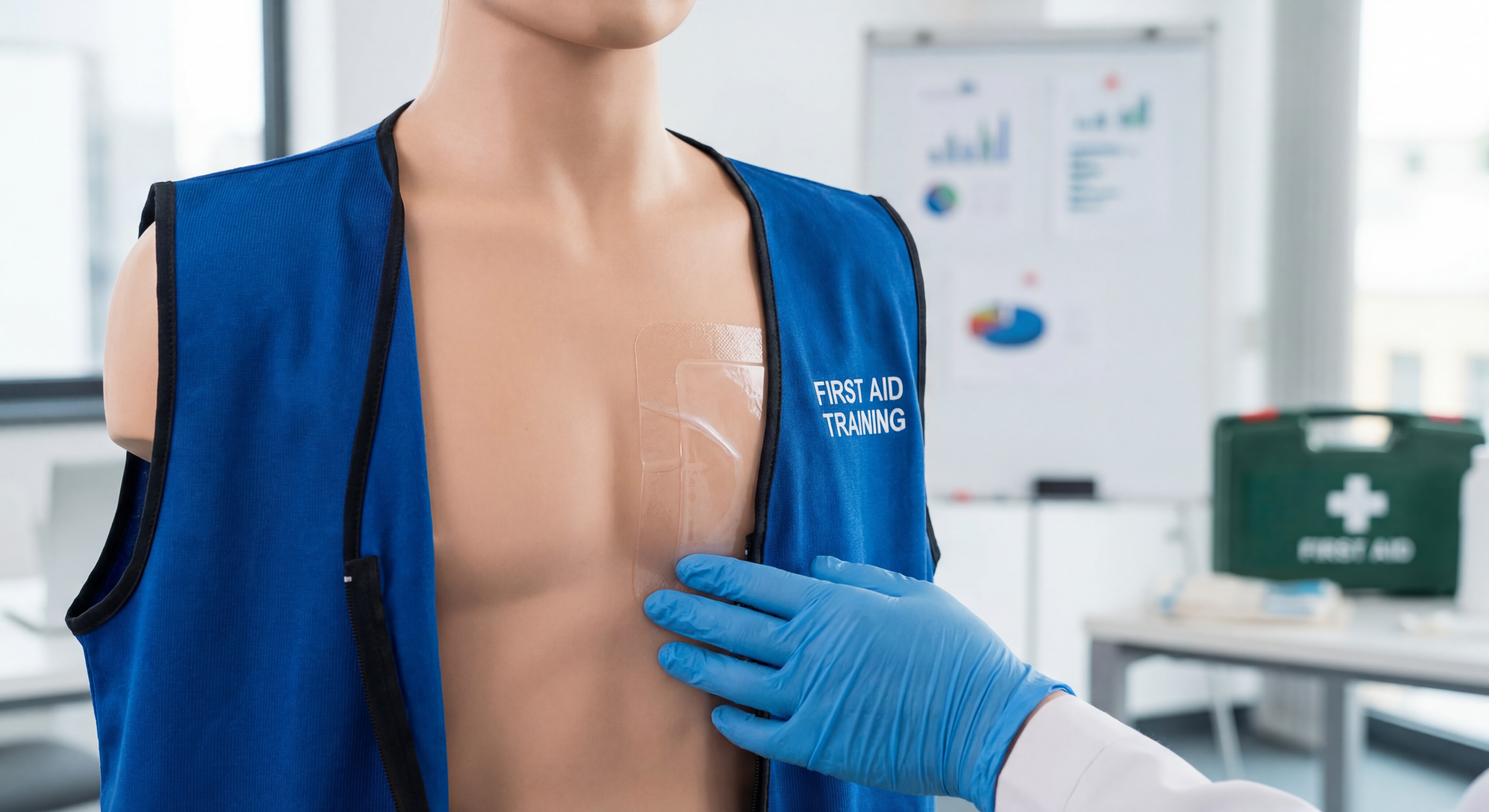 Patch thoracique occlusif chest seal appliqué sur mannequin de formation premiers secours entreprise