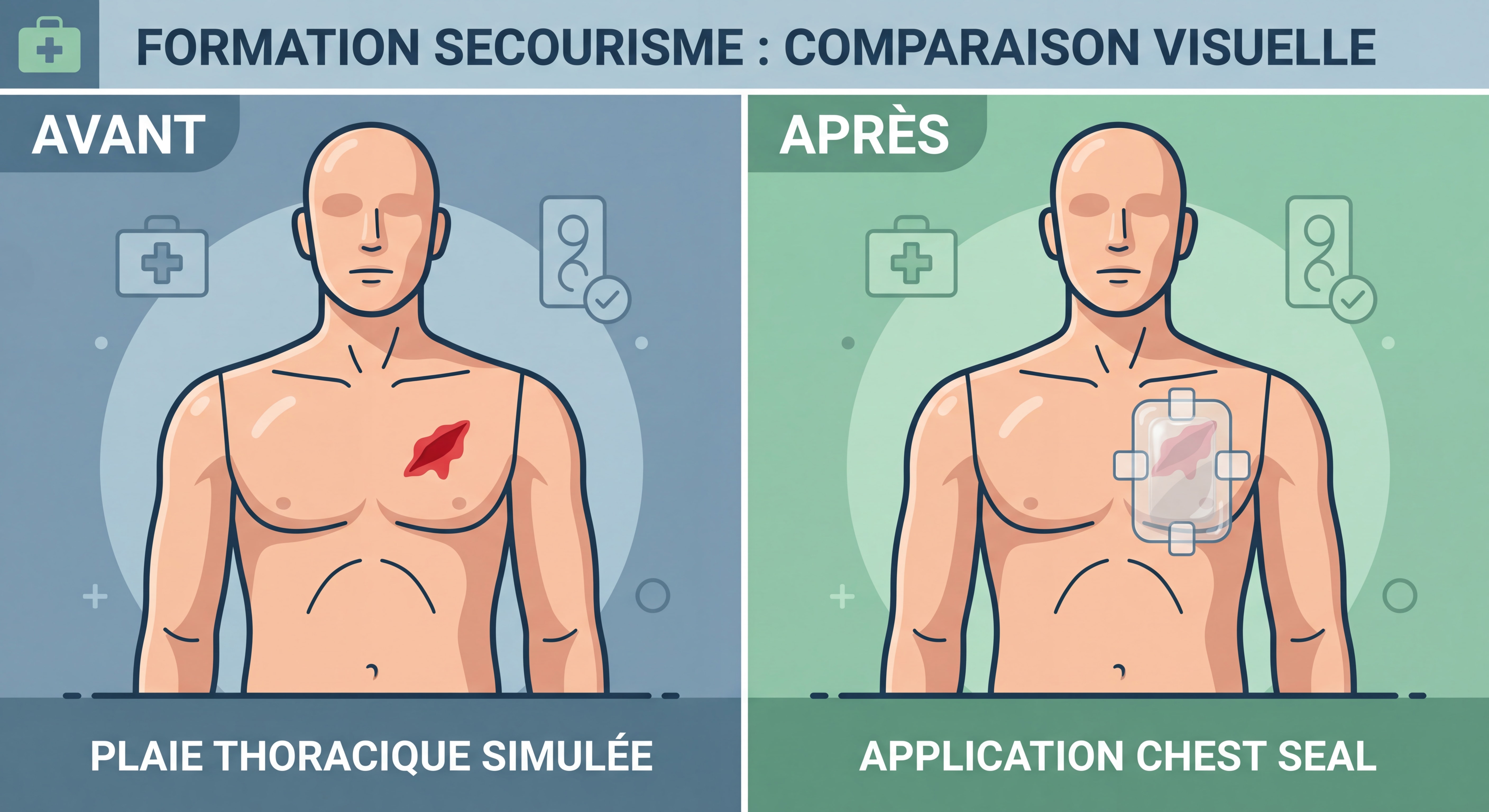 Comparaison visuelle avant-après application chest seal sur plaie thoracique simulée formation secourisme