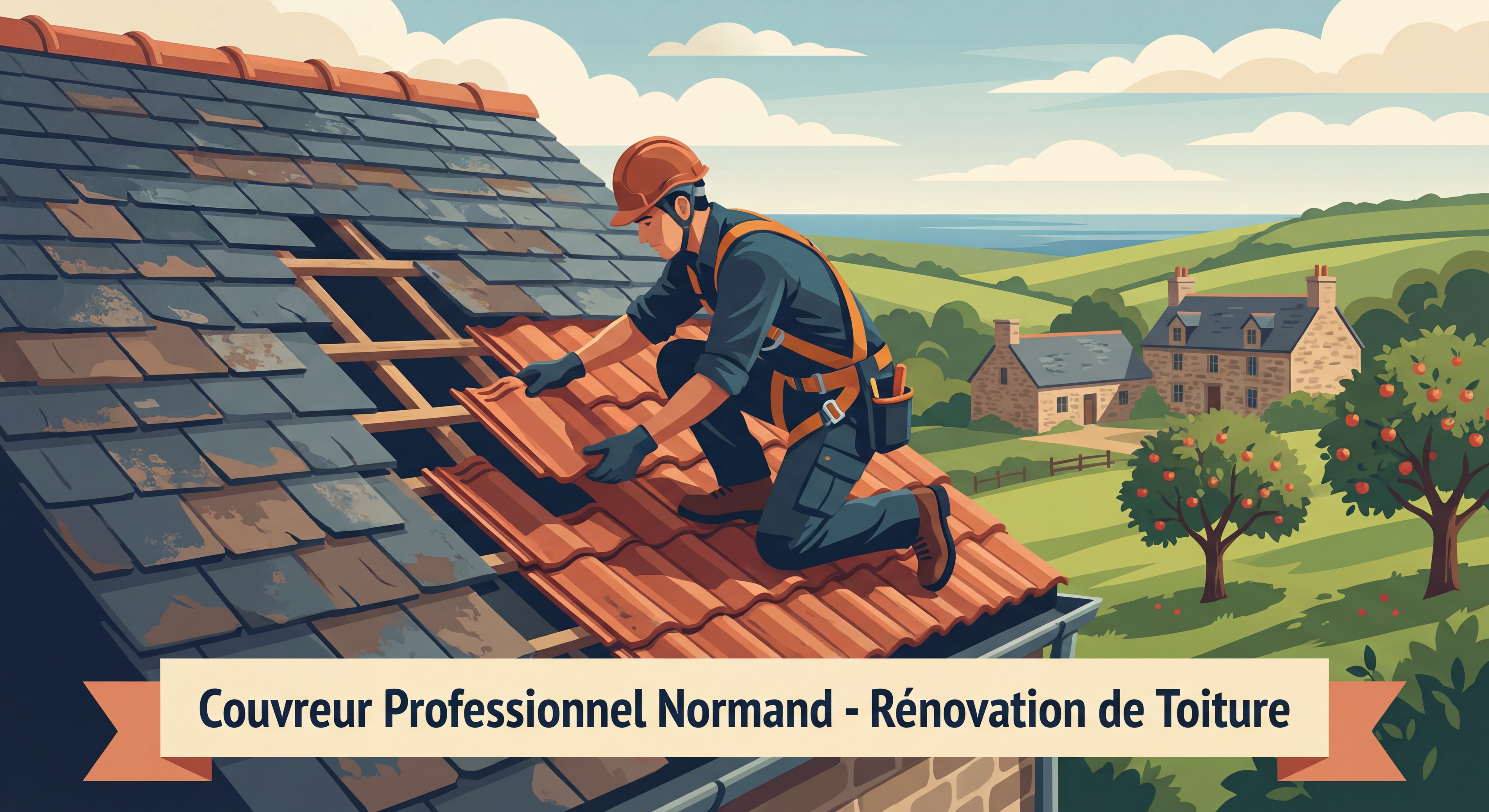 Couvreur professionnel normand en train de remplacer des tuiles endommagées sur une toiture traditionnelle avec vue sur le paysage normand