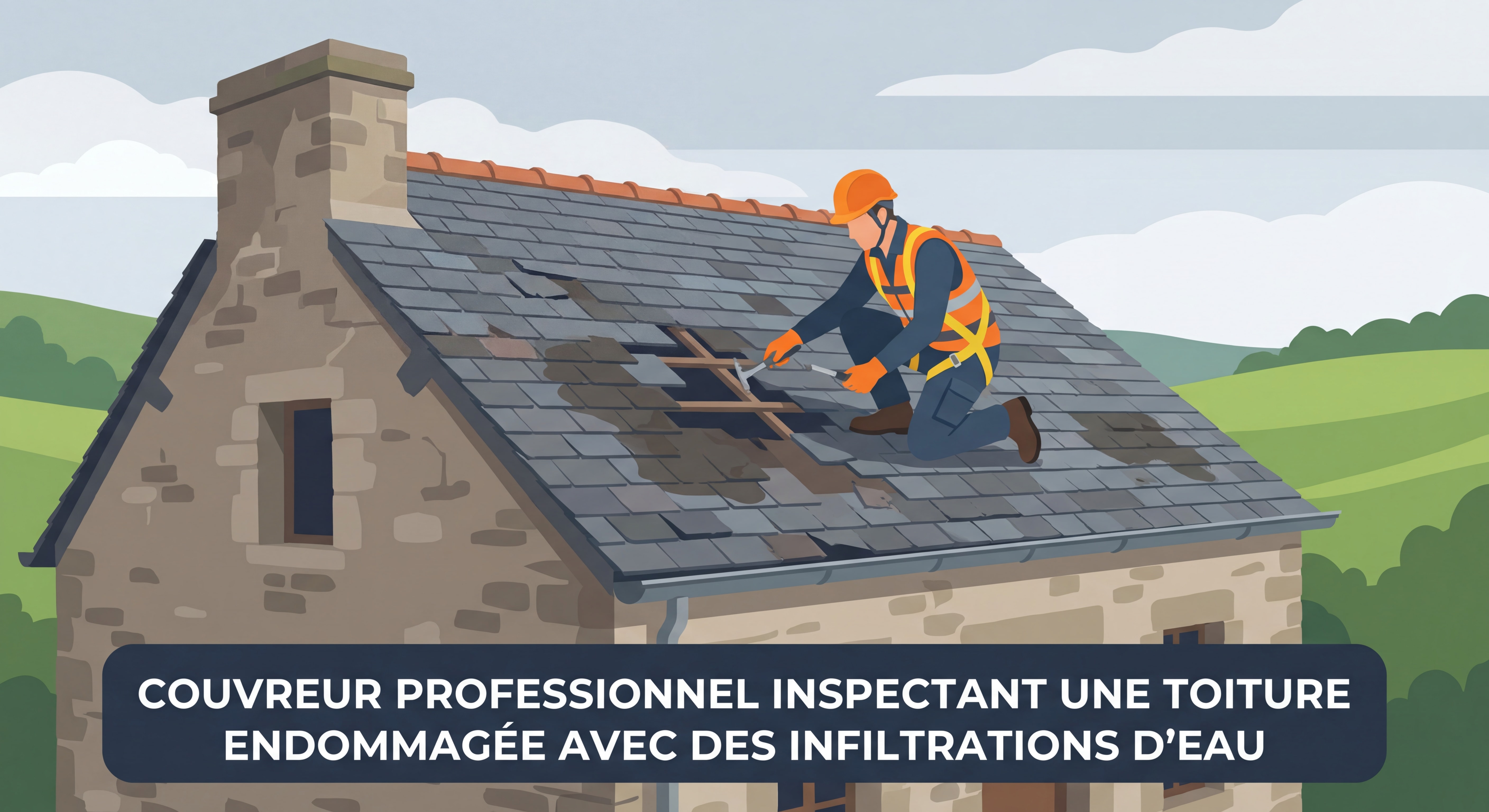 Toiture qui Fuit - Couvreur professionnel inspectant une toiture endommagée avec des infiltrations d'eau en Normandie