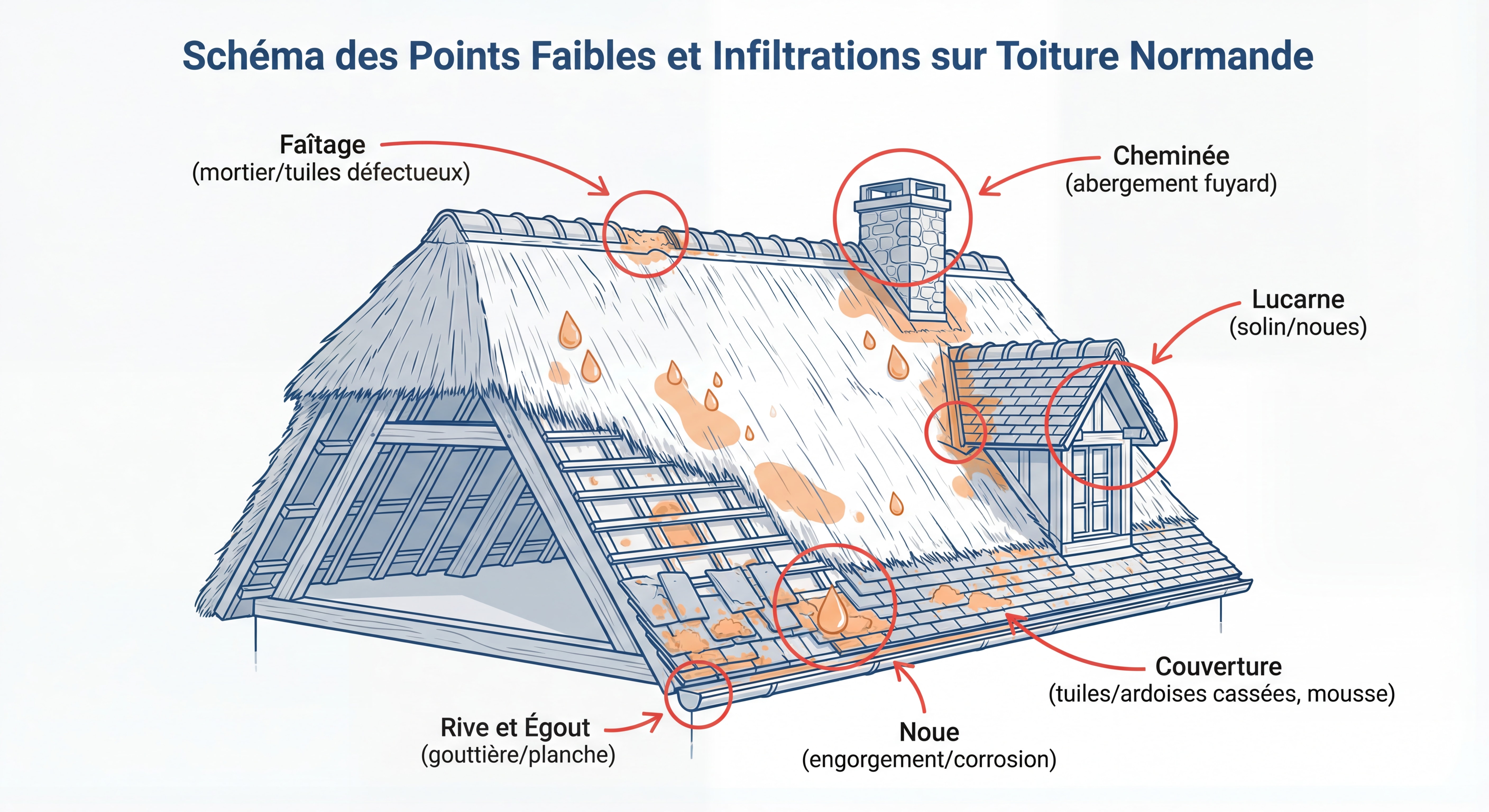 Schéma détaillé d'une toiture normande montrant les points faibles classiques et les zones d'infiltration fréquentes