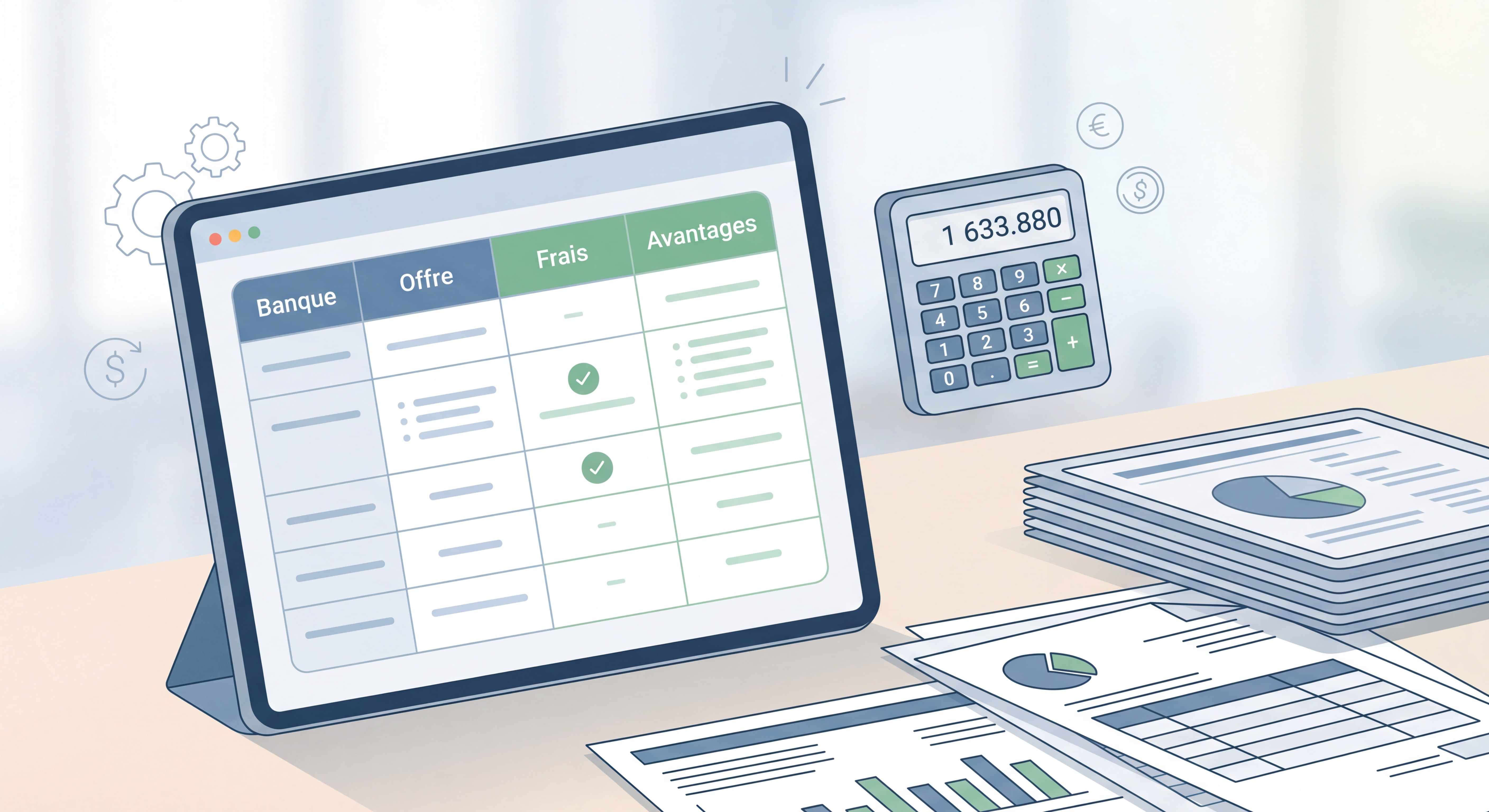Tableau comparatif des offres bancaires avec calculatrice et documents