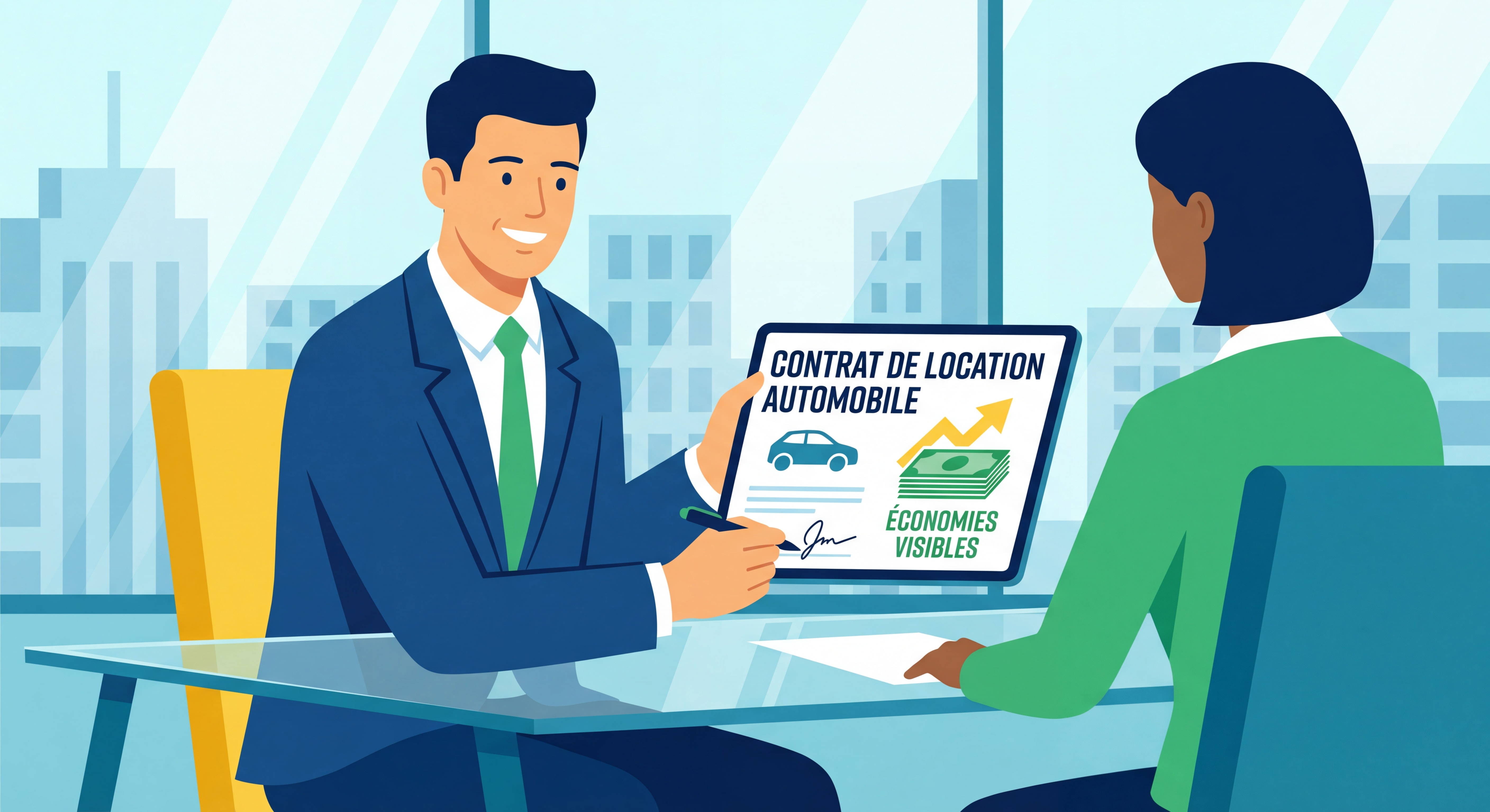 Personne satisfaite signant un contrat de location automobile avec des économies visibles