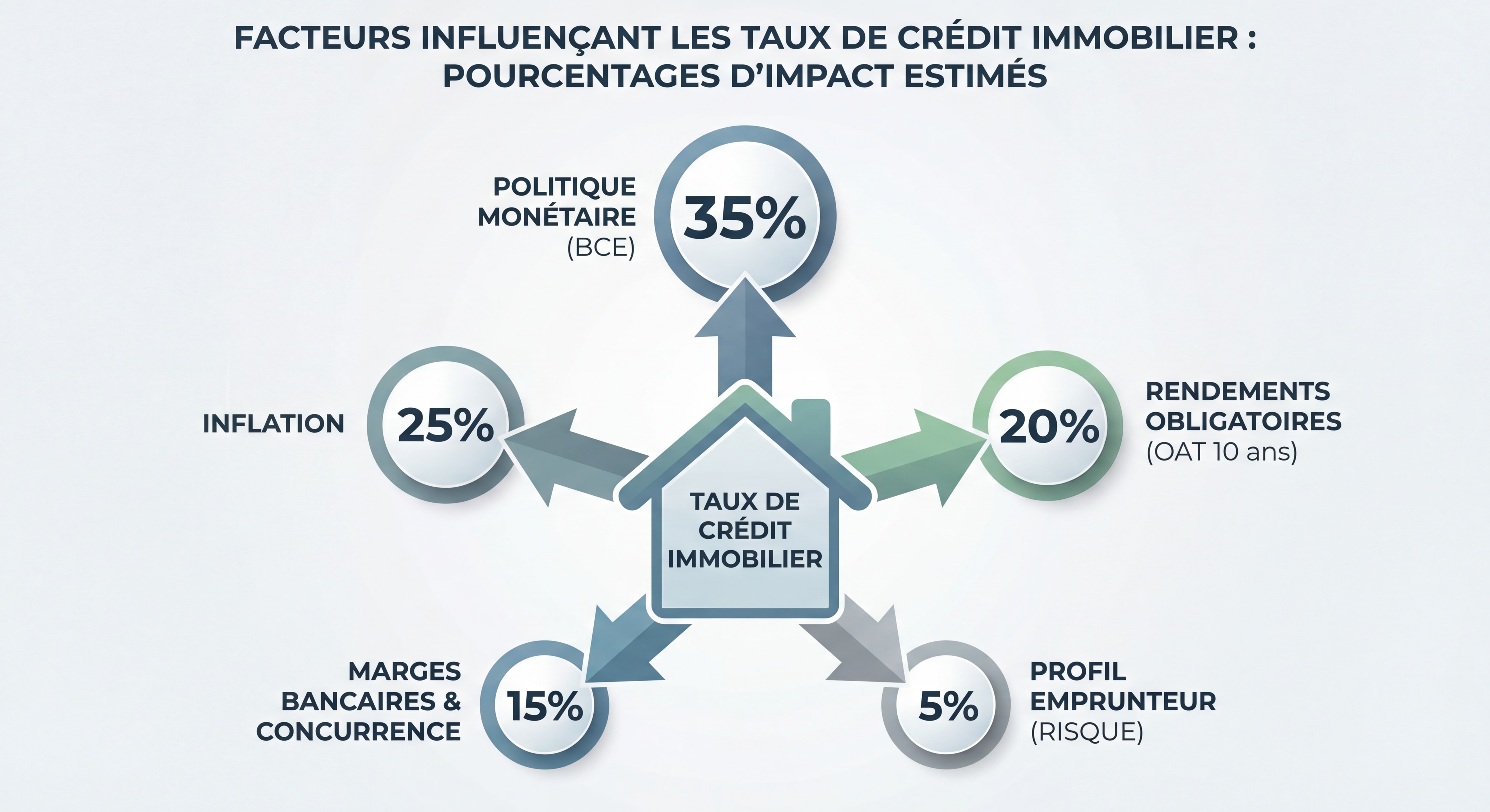 Schéma des facteurs influençant les taux de crédit immobilier avec pourcentages d'impact