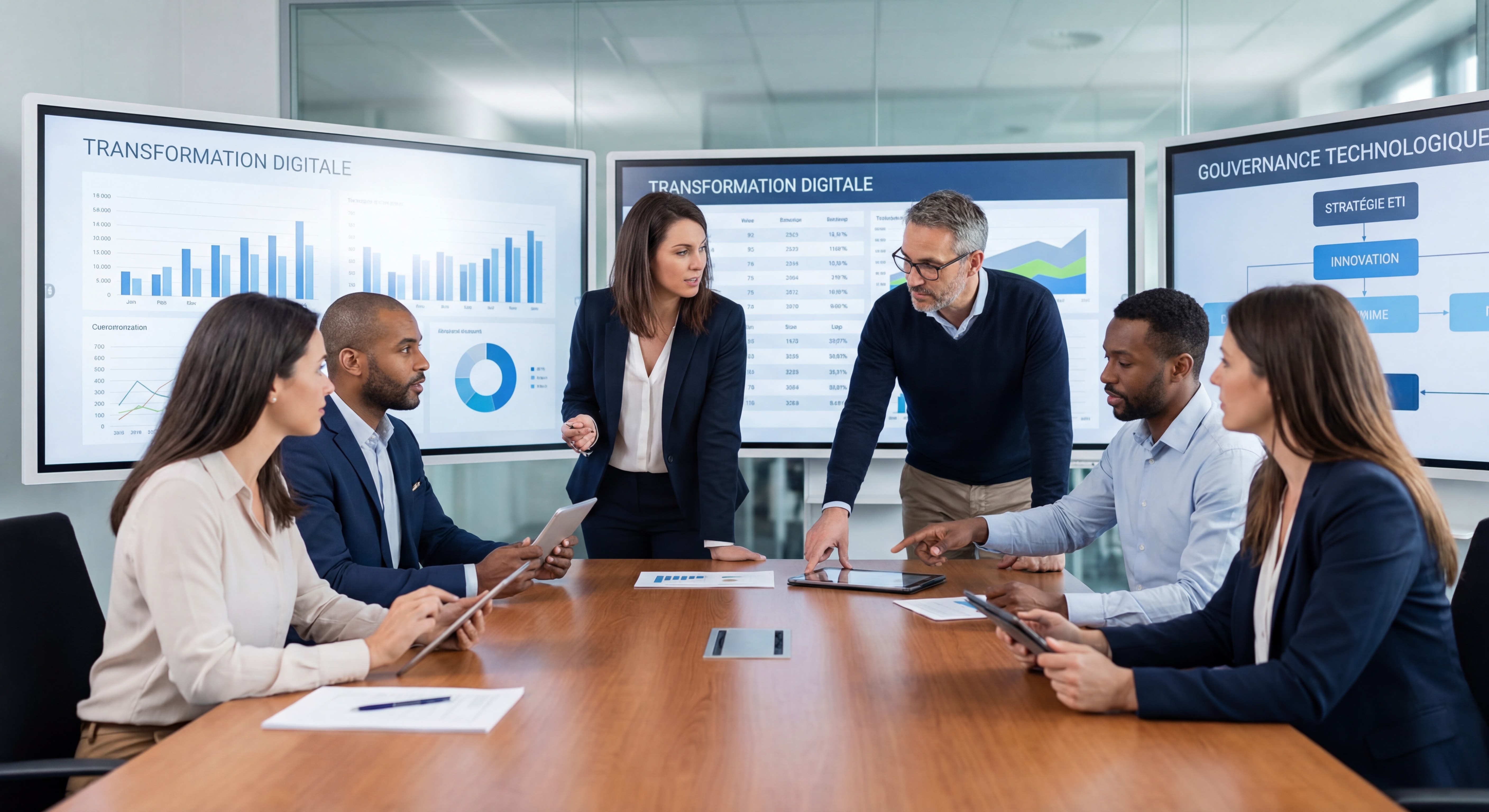 Dirigeants d'ETI en réunion stratégique sur la transformation digitale avec écrans interactifs et tableaux de gouvernance technologique