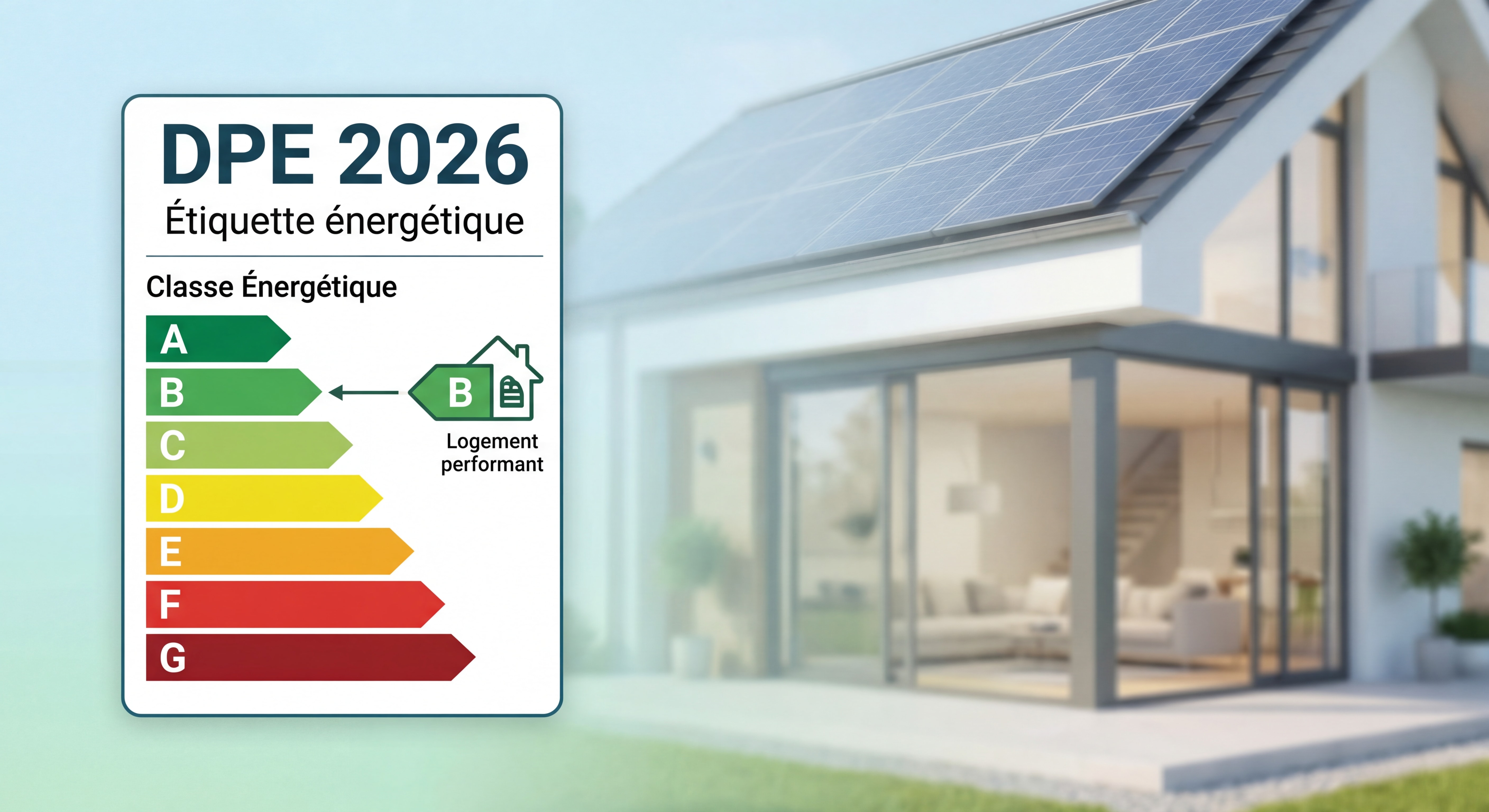 Étiquette énergétique DPE 2026 avec classes de A à G sur fond de maison moderne