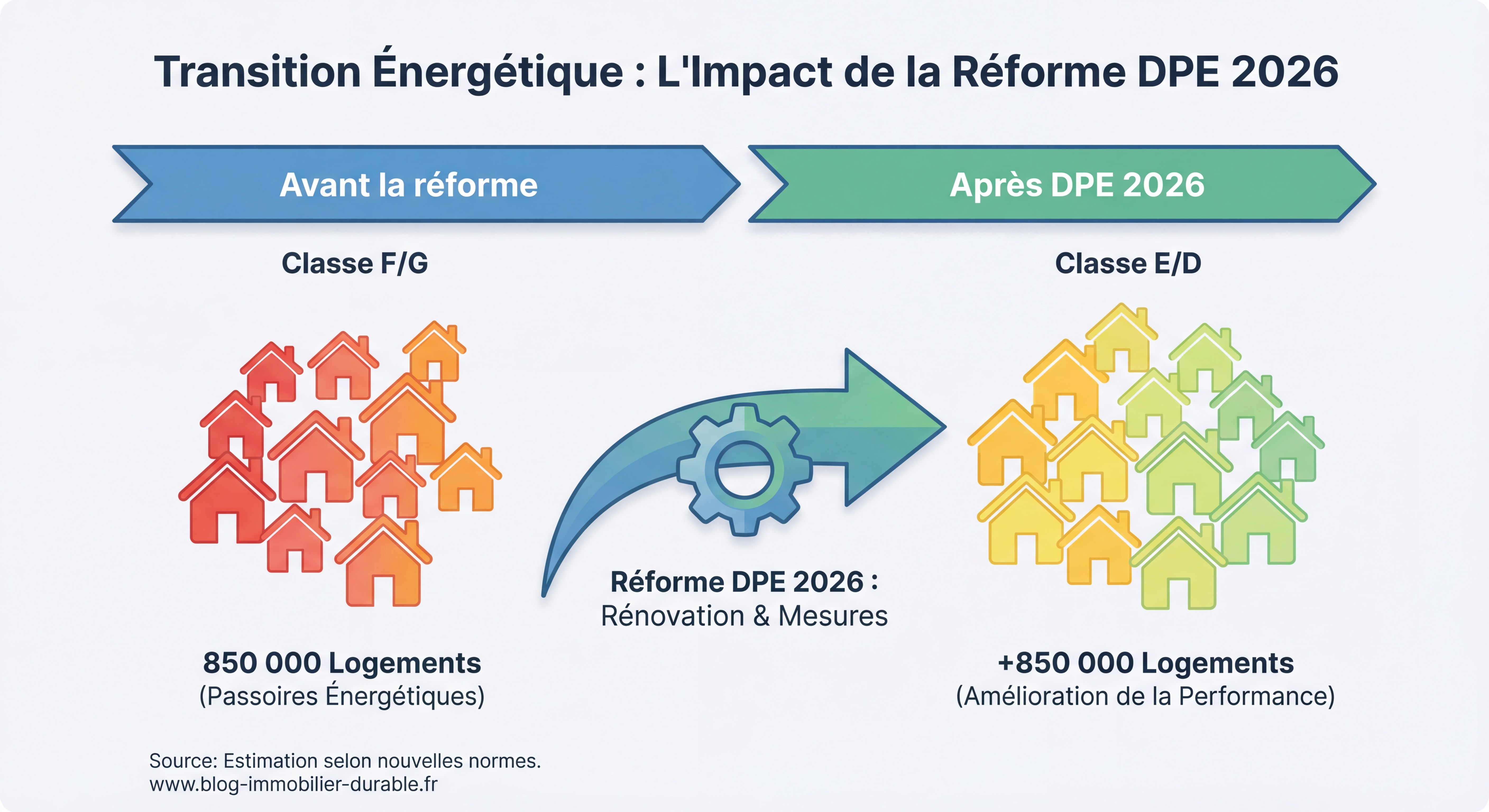 Graphique illustrant le passage de 850 000 logements de la classe F/G vers E/D grâce à la réforme DPE 2026