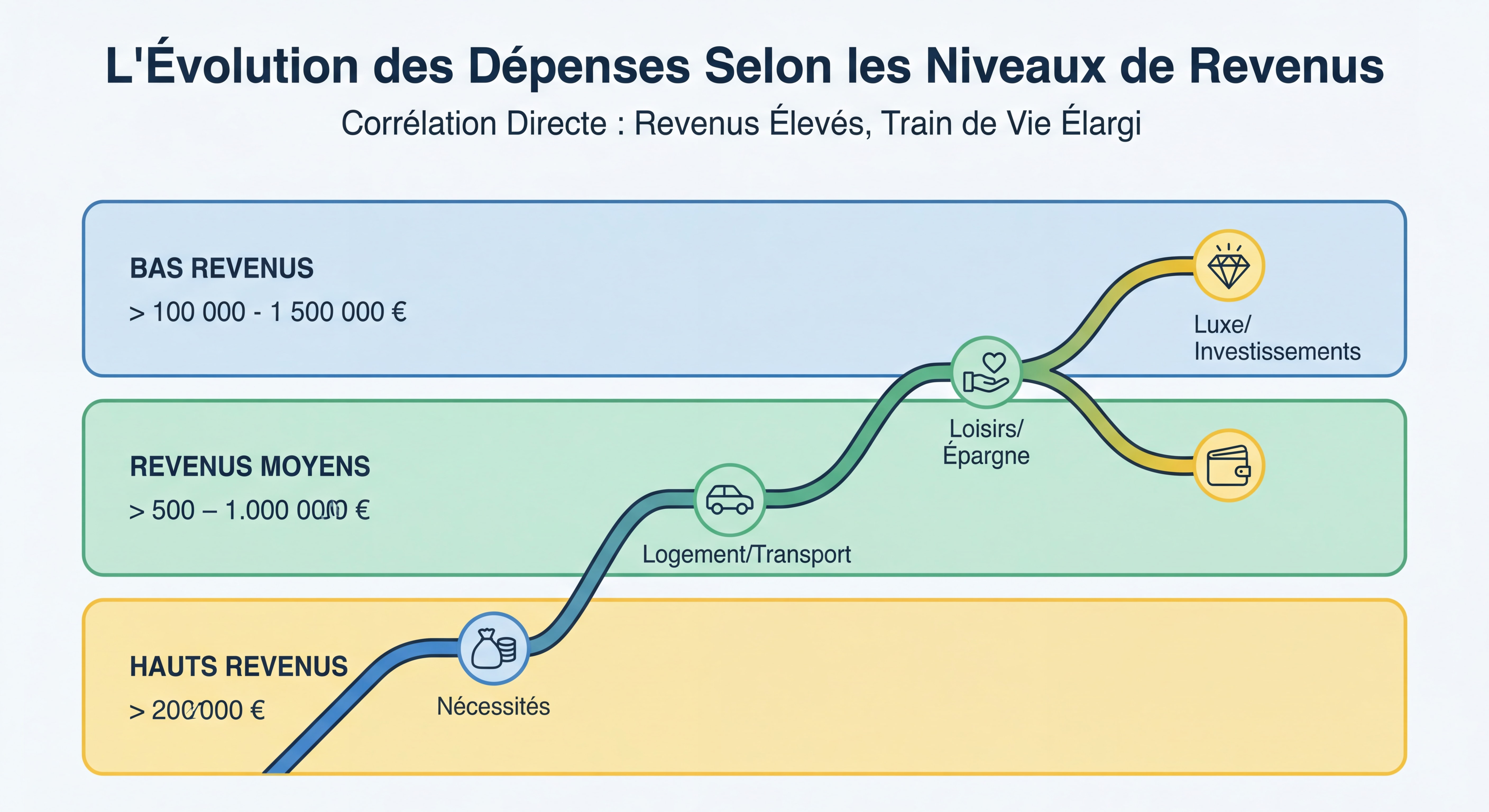 Graphique illustrant l'évolution des dépenses selon les niveaux de revenus, montrant la corrélation entre revenus et train de vie