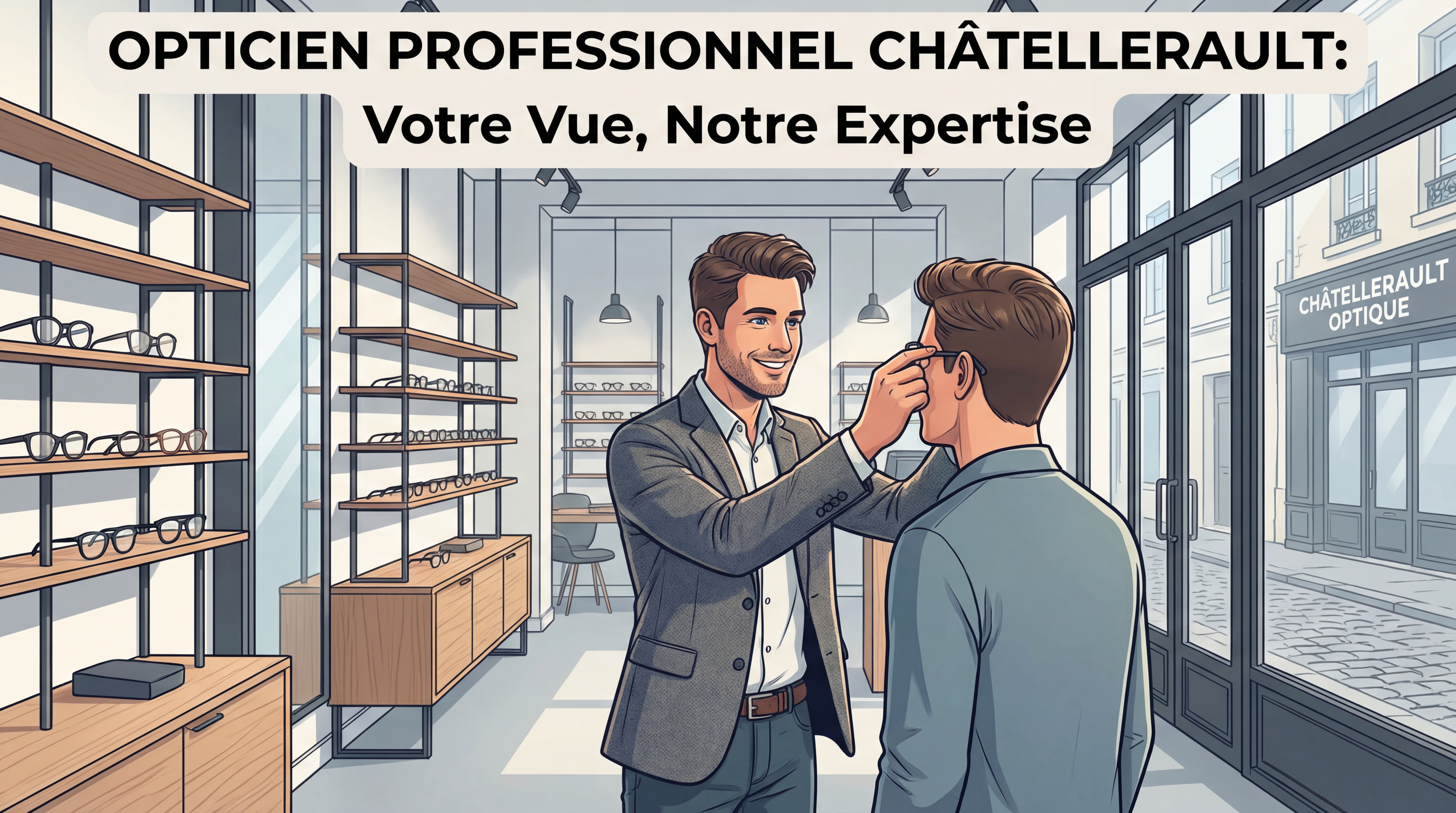 Opticien professionnel ajustant des lunettes de vue dans une boutique moderne à Châtellerault