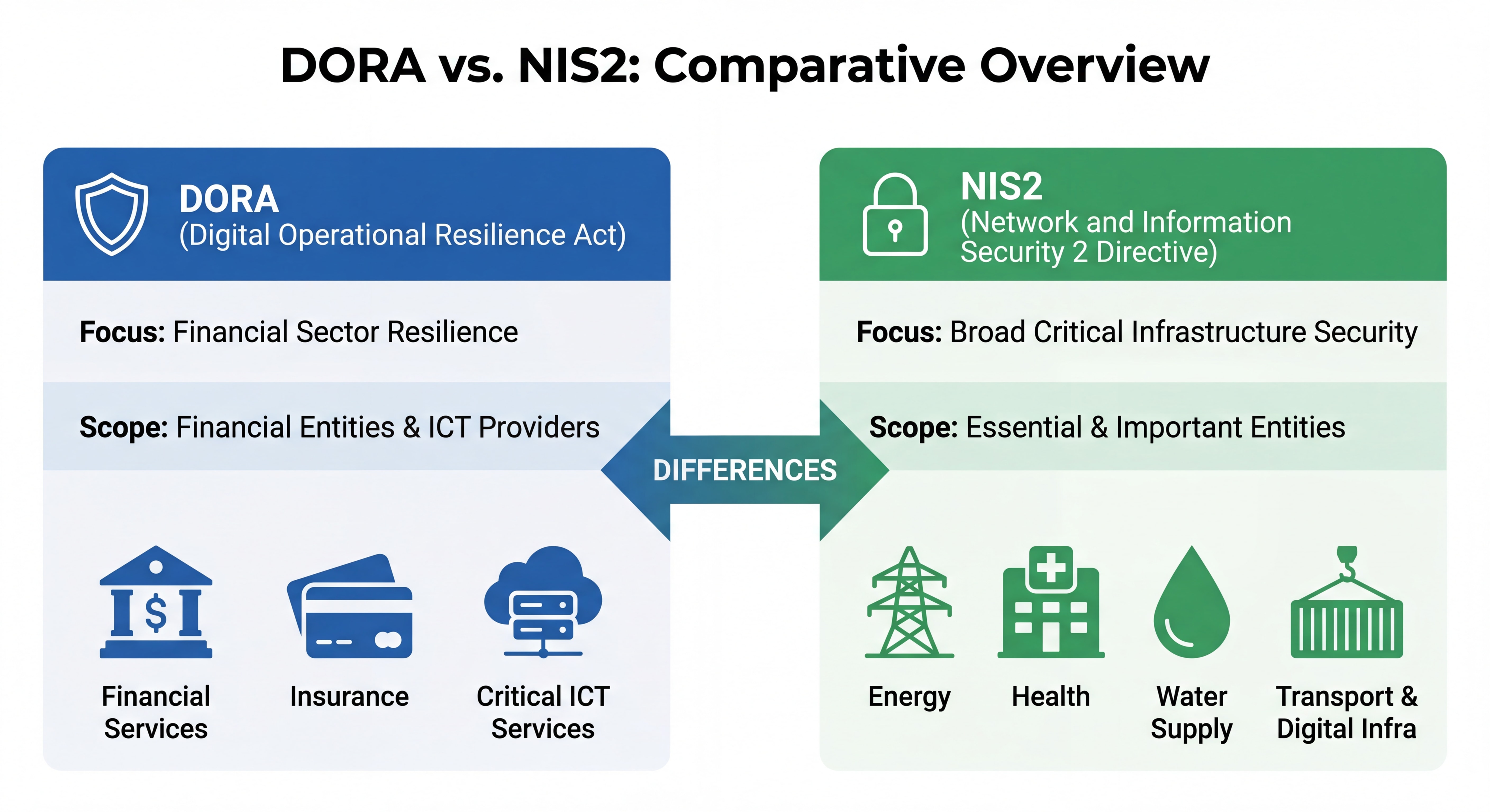 Infographie comparative montrant les différences entre DORA et NIS2 avec icônes représentant les secteurs concernés