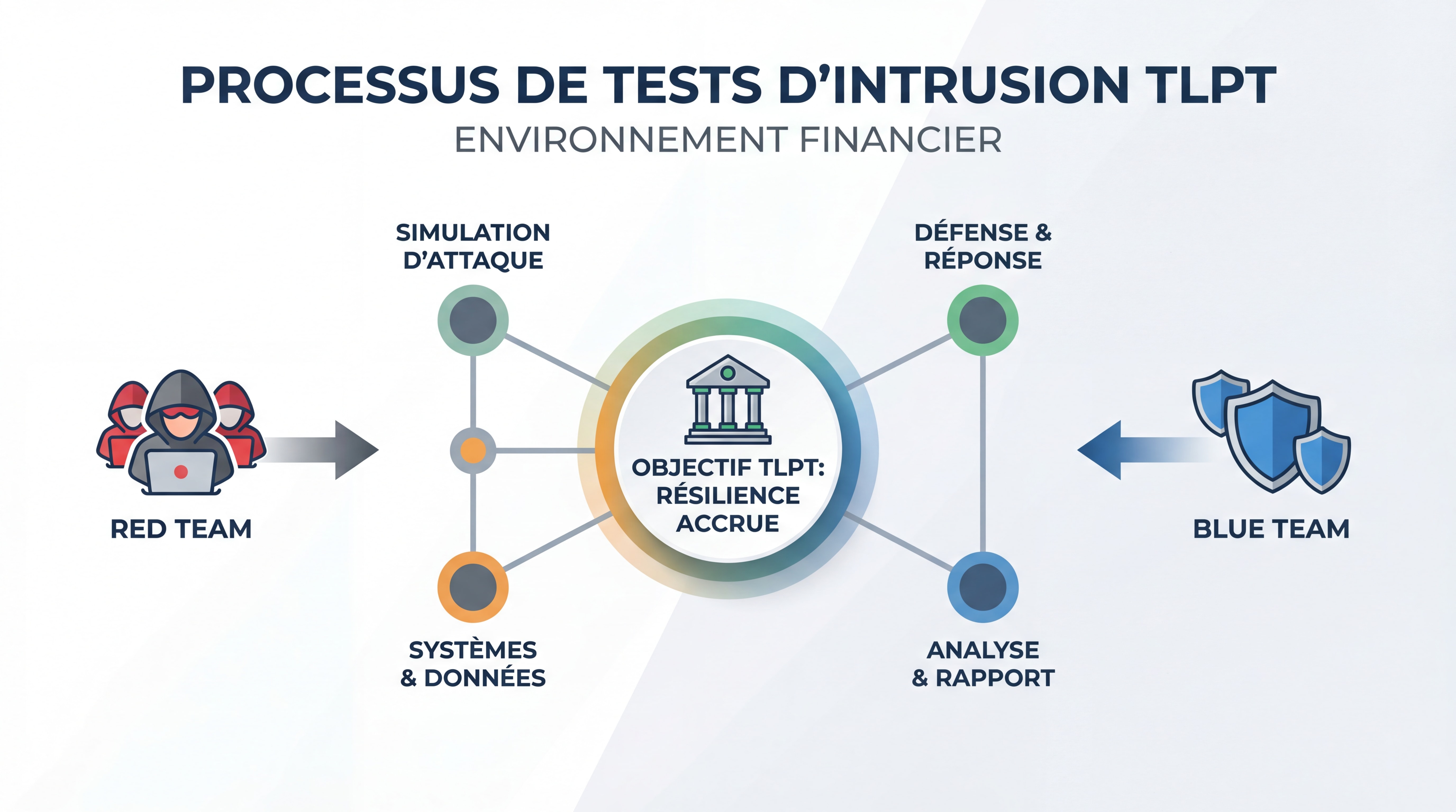 Schéma illustrant le processus de tests d'intrusion TLPT avec équipes red team et blue team dans un environnement financier