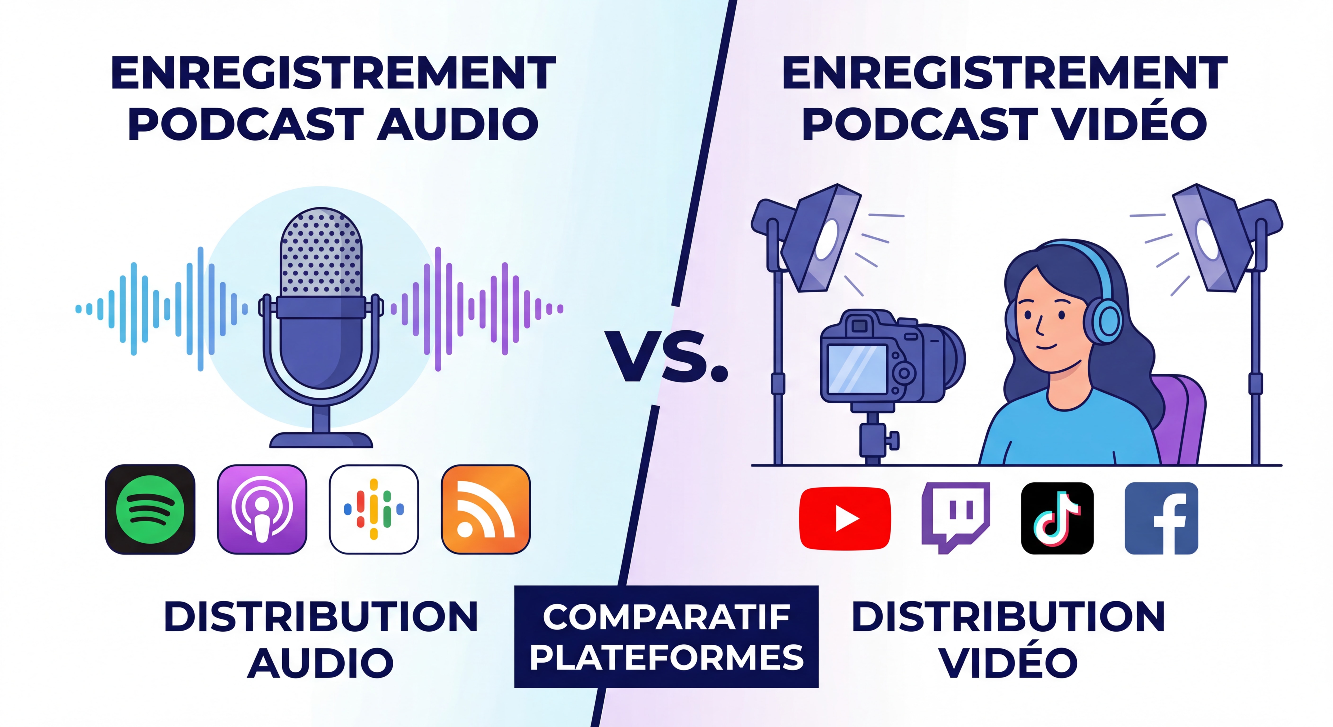 Comparaison visuelle entre enregistrement podcast audio et vidéo, montrant les différentes plateformes de distribution