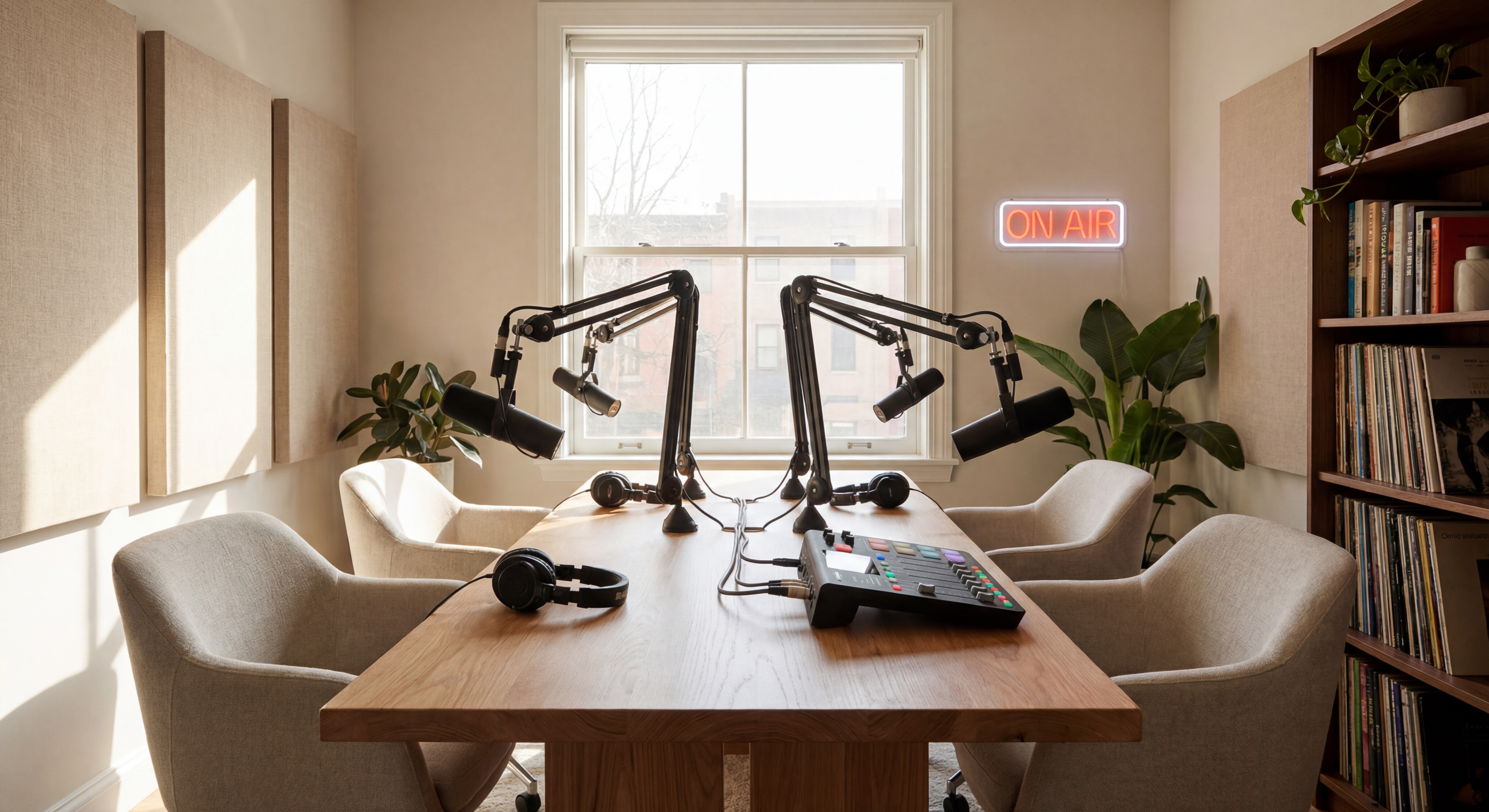 Studio d'enregistrement podcast moderne et chaleureux avec équipement professionnel, ambiance lumineuse et accueillante