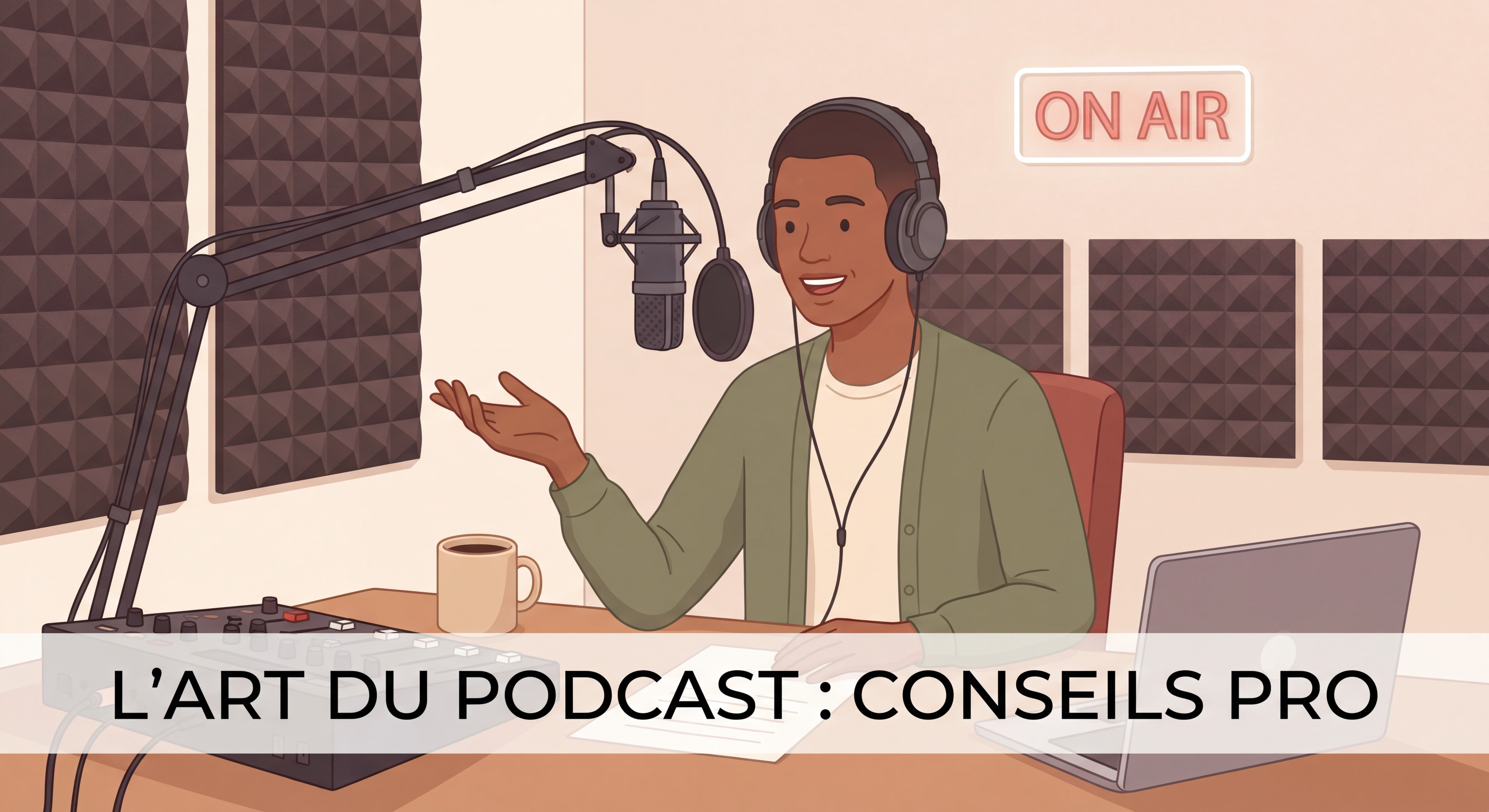 Personne enregistrant un podcast dans un studio professionnel, ambiance détendue et professionnelle, avec microphone et équipement visible
