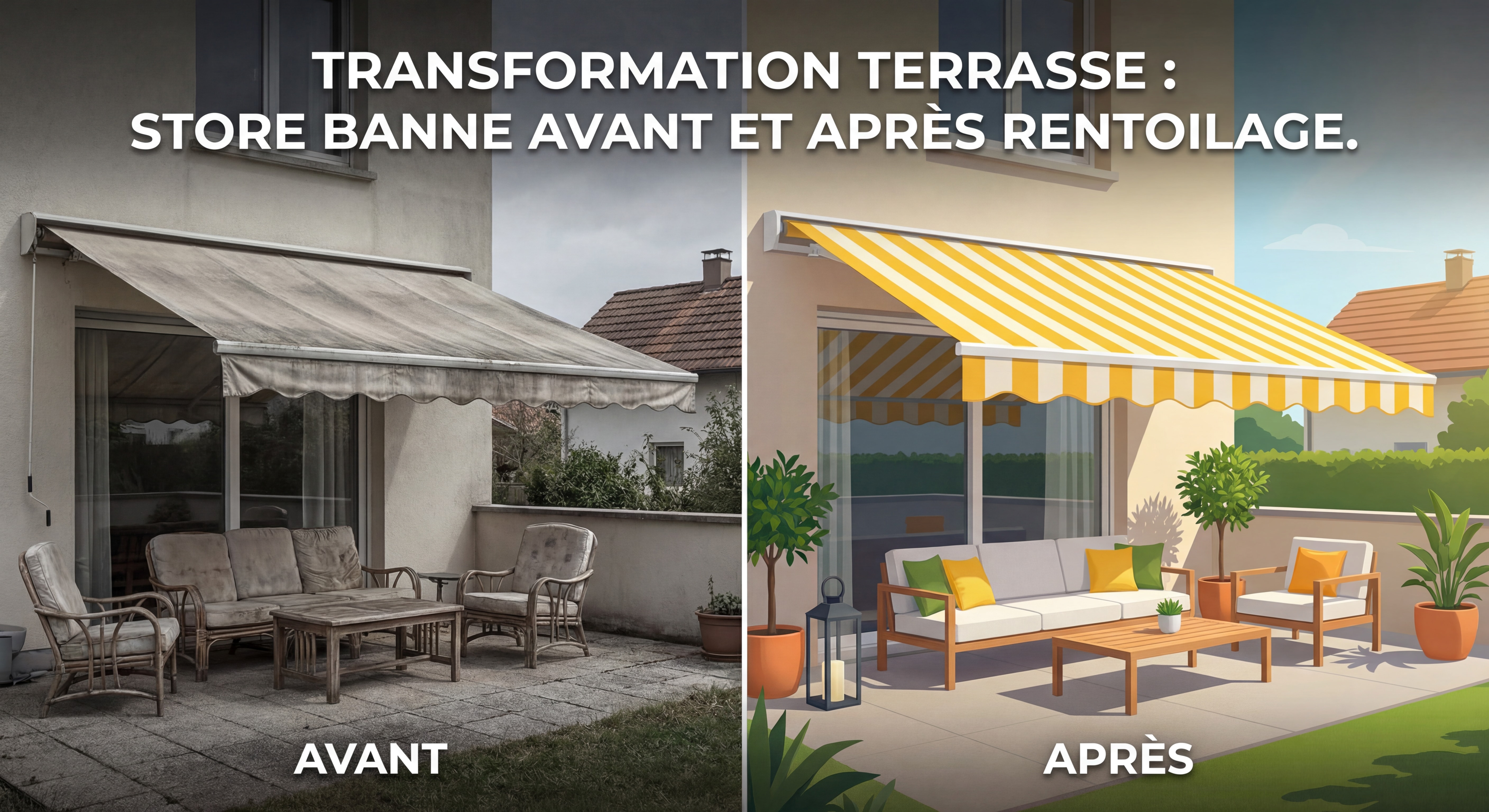 Store banne avant et après rentoilage montrant la transformation spectaculaire d'une terrasse avec toile décolorée devenue neuve